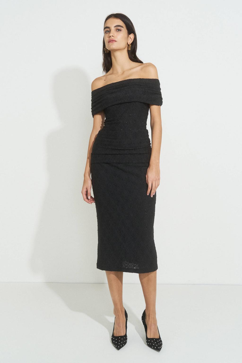 Zwarte dames Ruby kanten kokerrok van polyester met effen, elastische tailleband en textuur