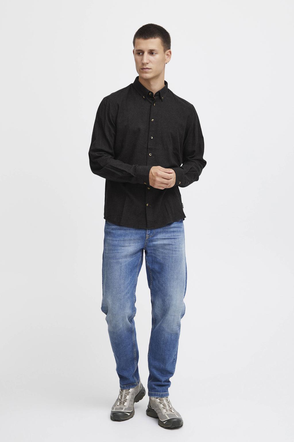 Zwarte heren Blend gemêleerd regular fit overhemd BHBurley van katoen met melée print, lange mouwen en button down sluiting