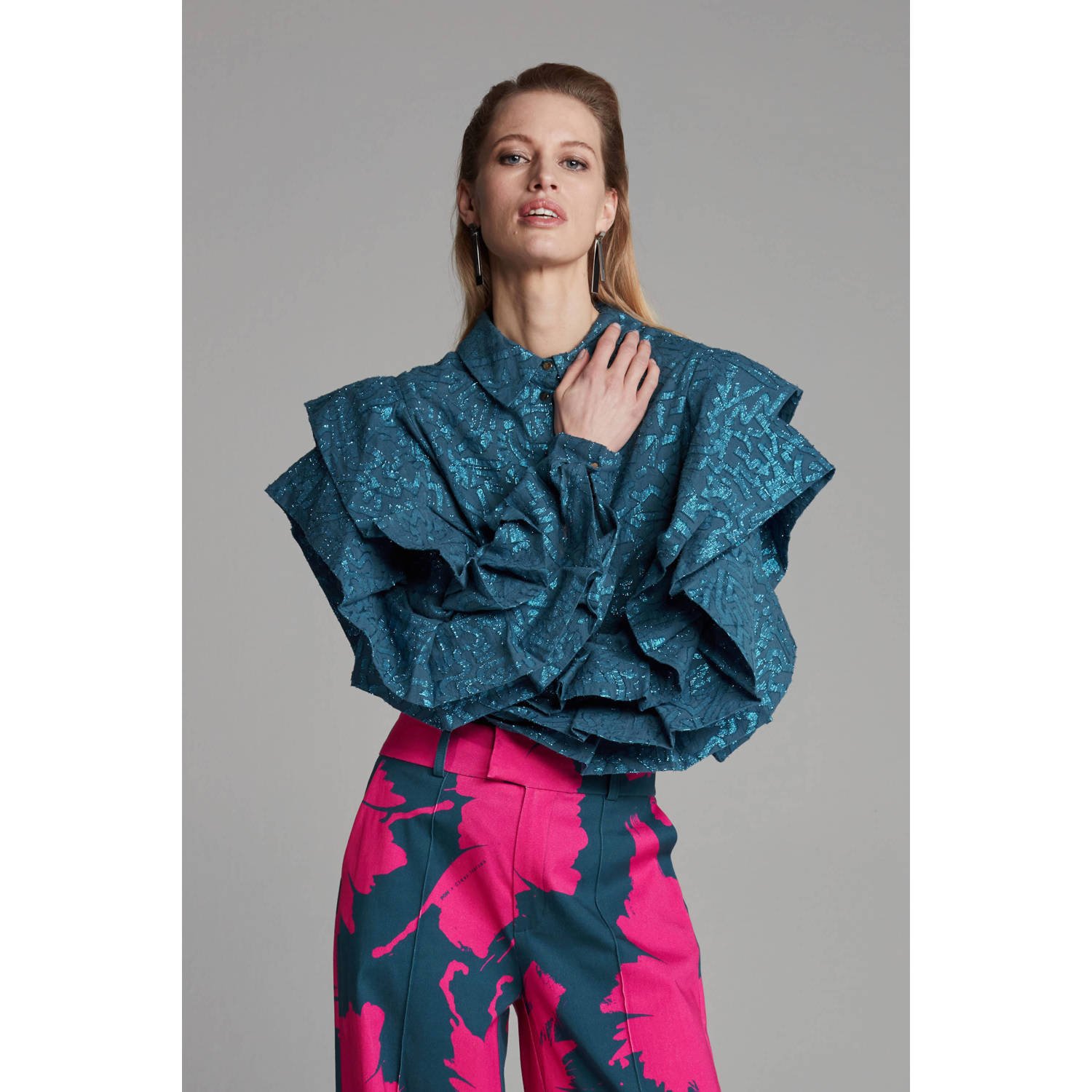 POM Amsterdam X Claes Iversen blouse Jodie met all over print en ruches blauw