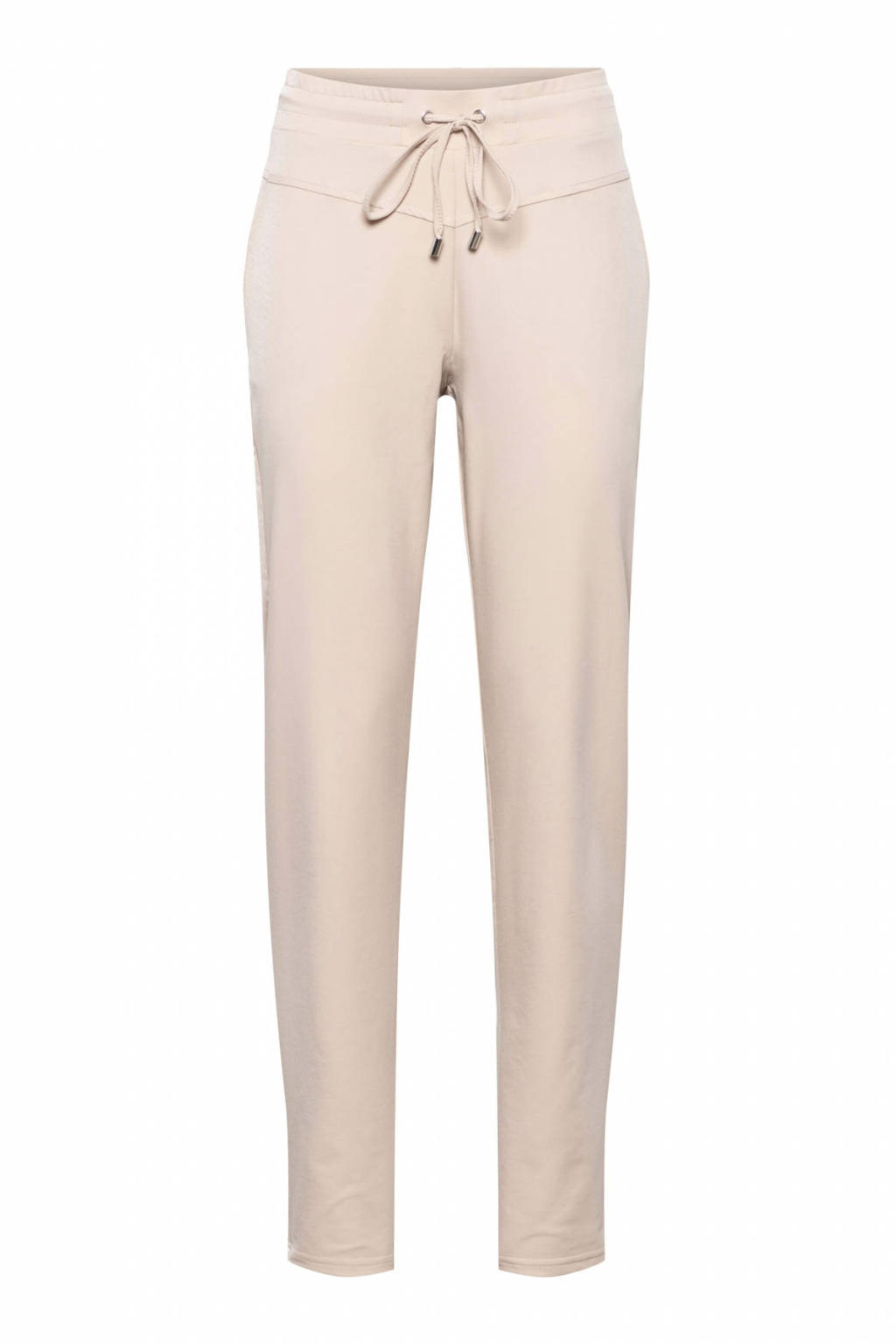 Zandkleurige dames &Co Woman straight fit broek van travelstof met regular waist, trekkoorden en effen
