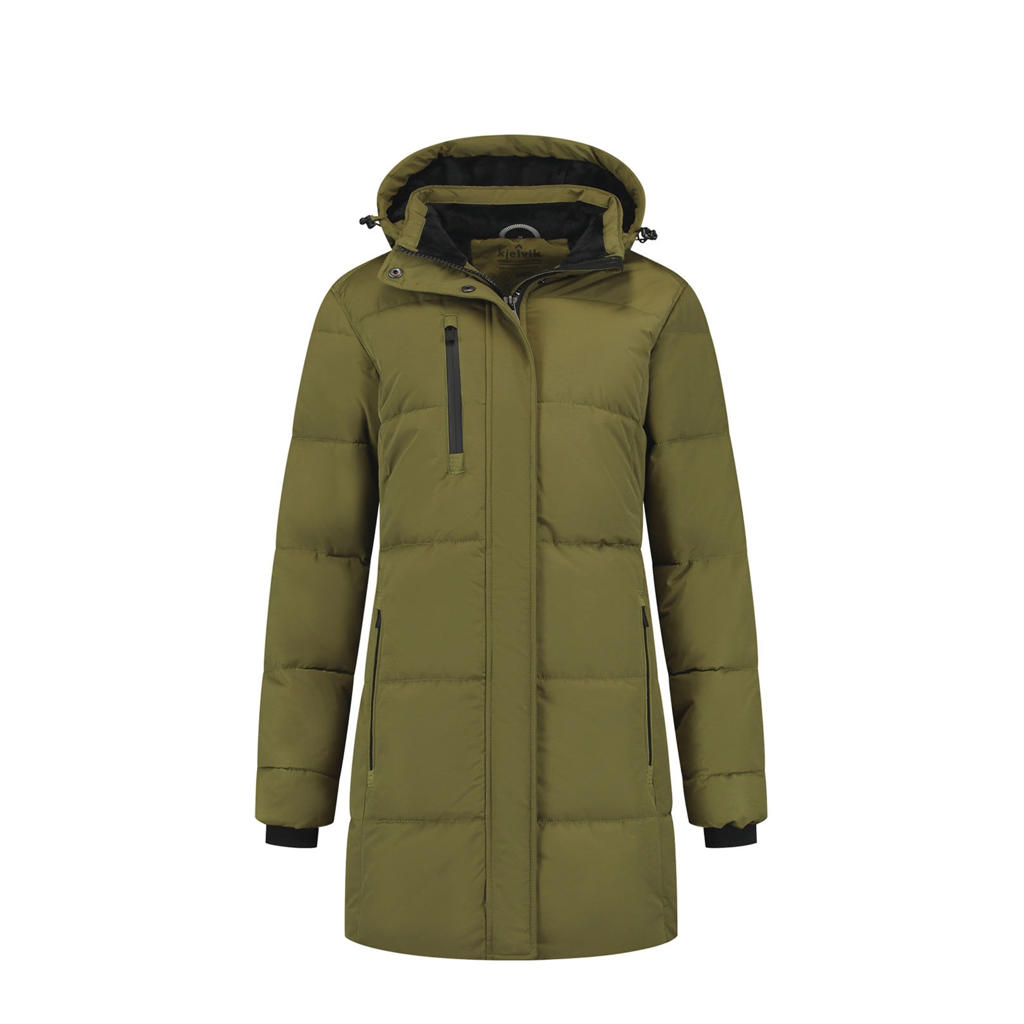 Olijfgroene dames Kjelvik outdoor jas Stine van polyester met effen, lange mouwen, capuchon en 2-way rits