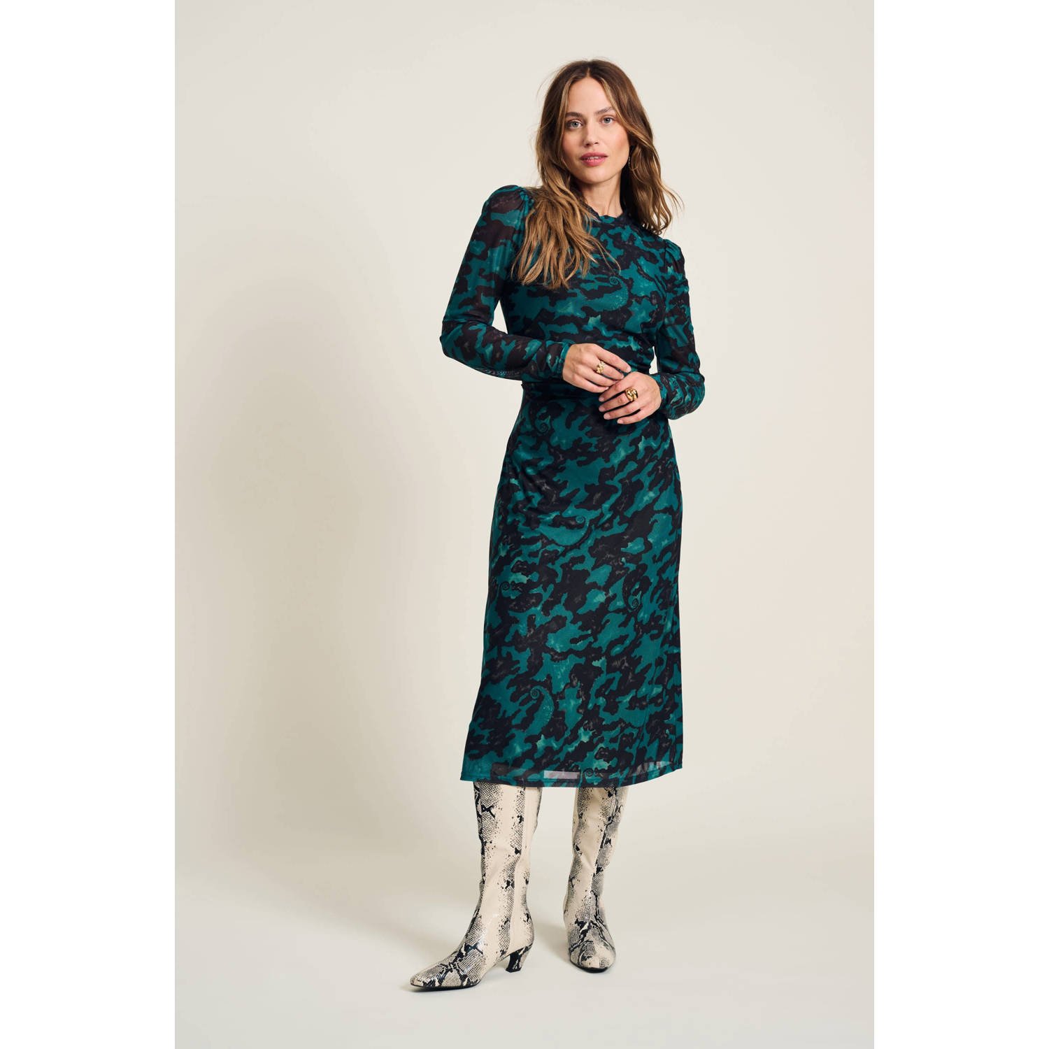 POM Amsterdam semi-transparante mesh jurk met camouflageprint groen zwart