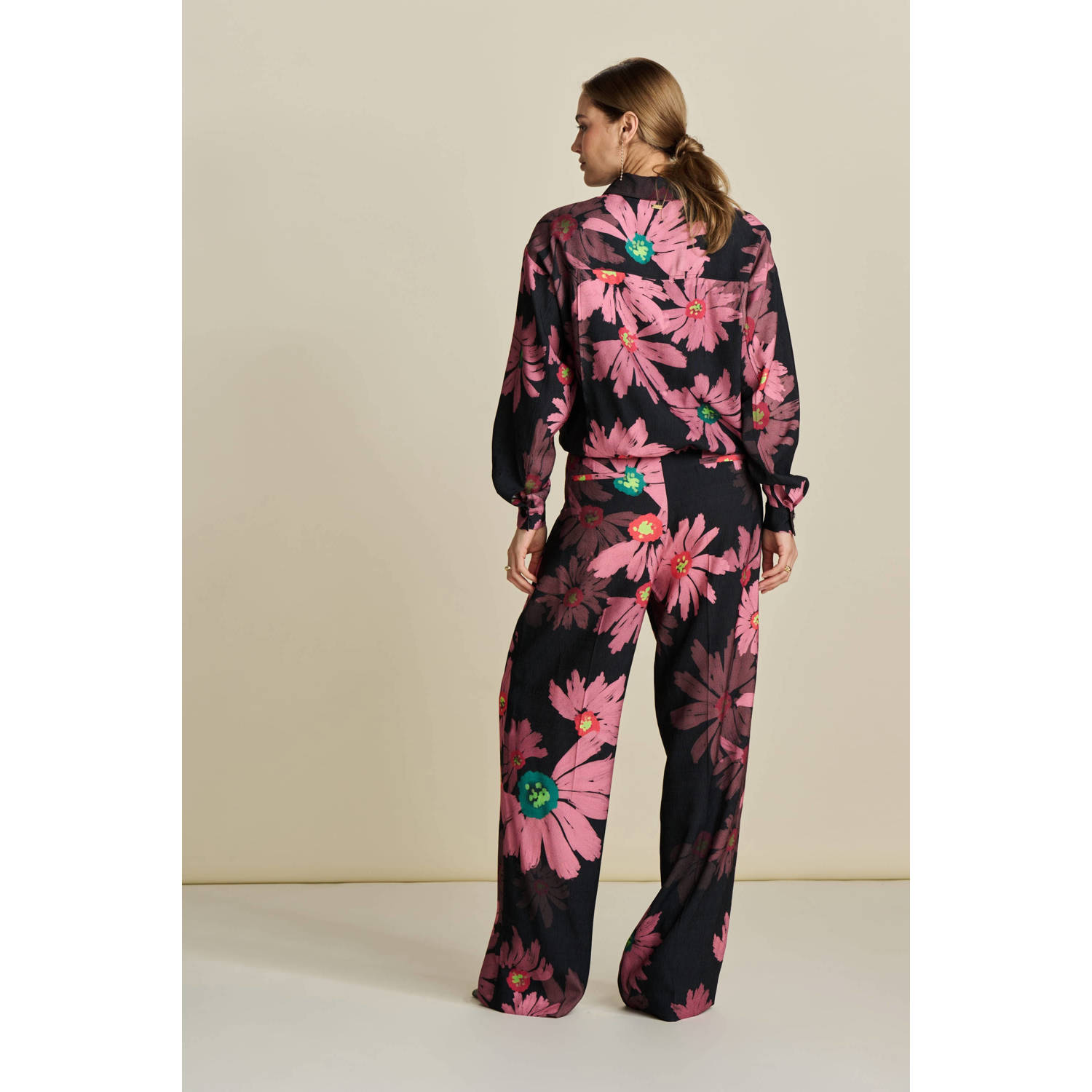 POM Amsterdam gebloemde high waist wide leg broek roze zwart