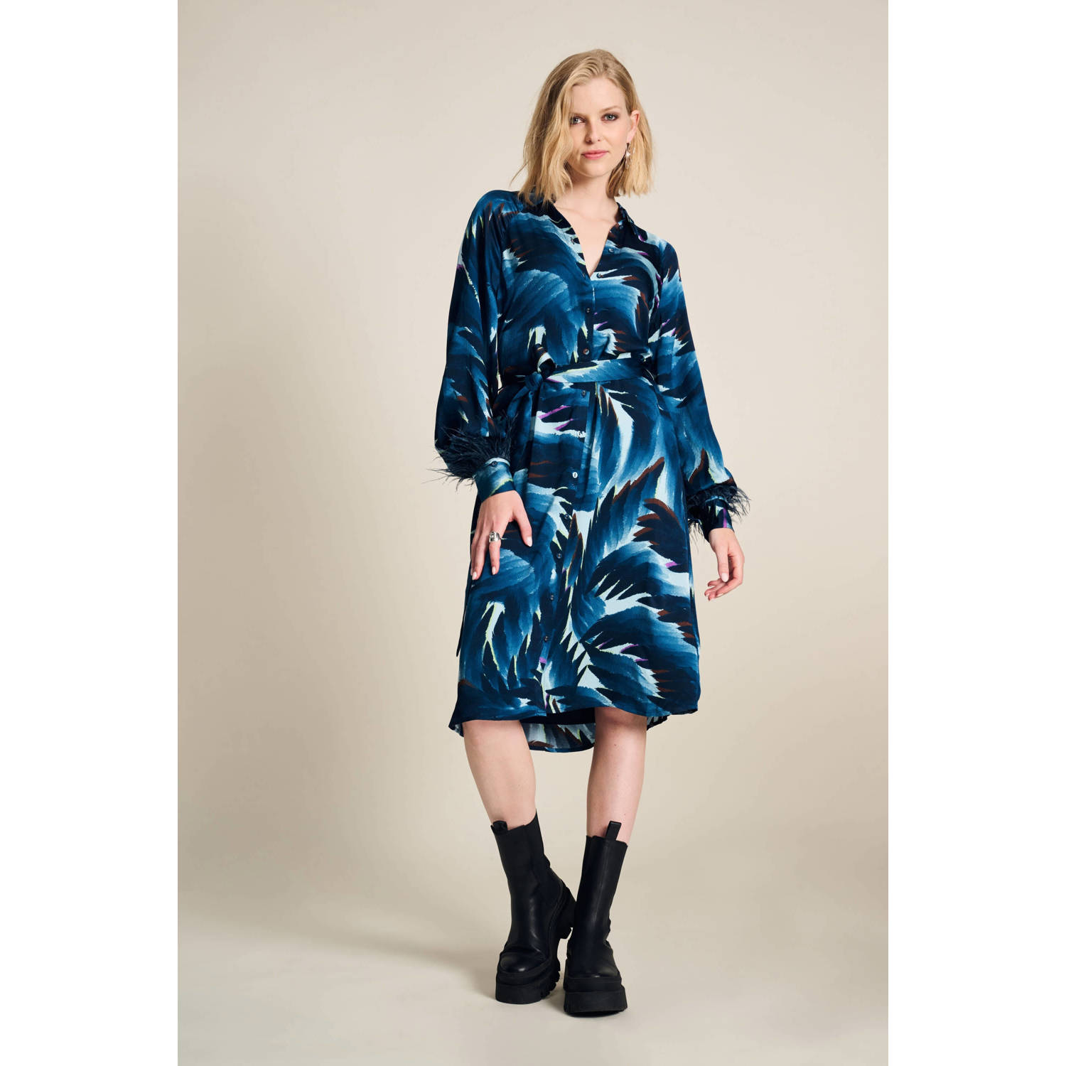 POM Amsterdam blousejurk met all over print donkerblauw blauw wit