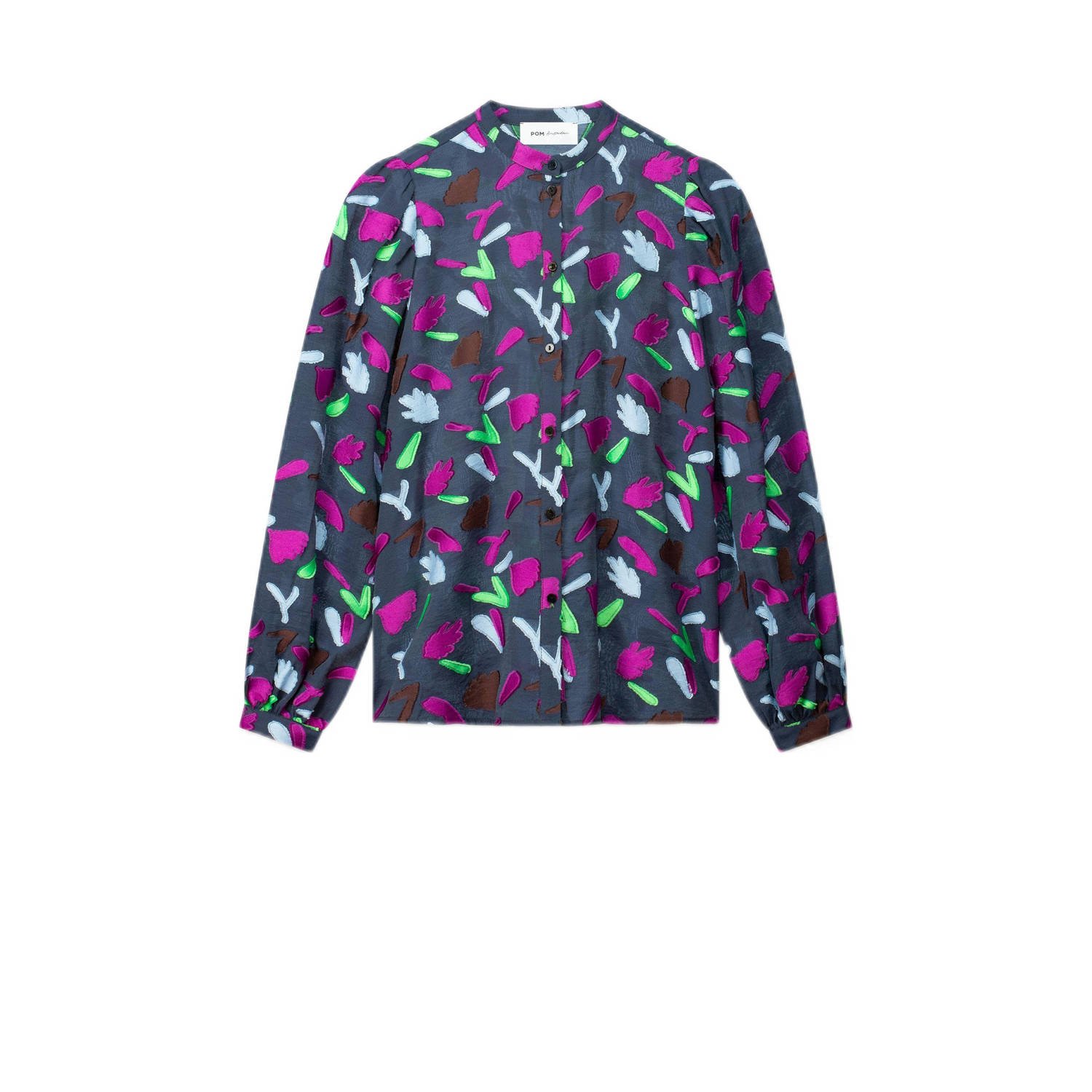 POM Amsterdam blouse met all over print en borduursels grijsblauw multi