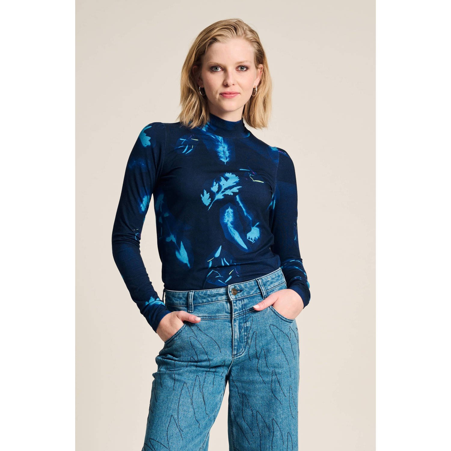 POM Amsterdam top met all over print donkerblauw blauw