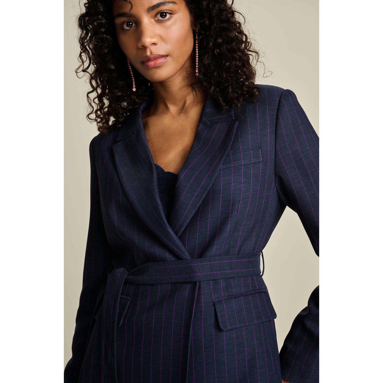 POM Amsterdam getailleerde blazer met krijtstreep donkerblauw roze