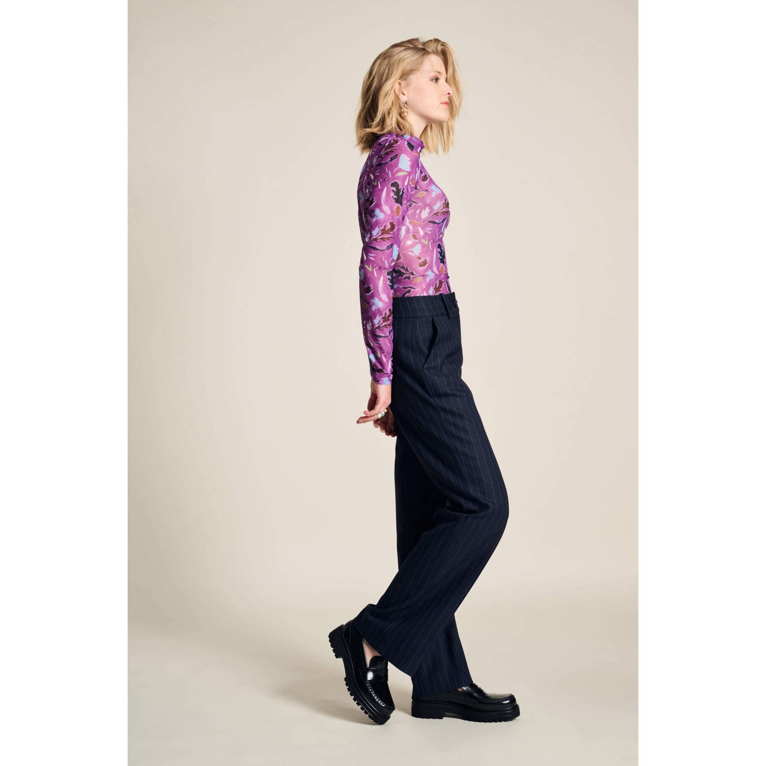 Pom Amsterdam Middernachtblauwe Gestreepte Elegante Broek Blue Dames