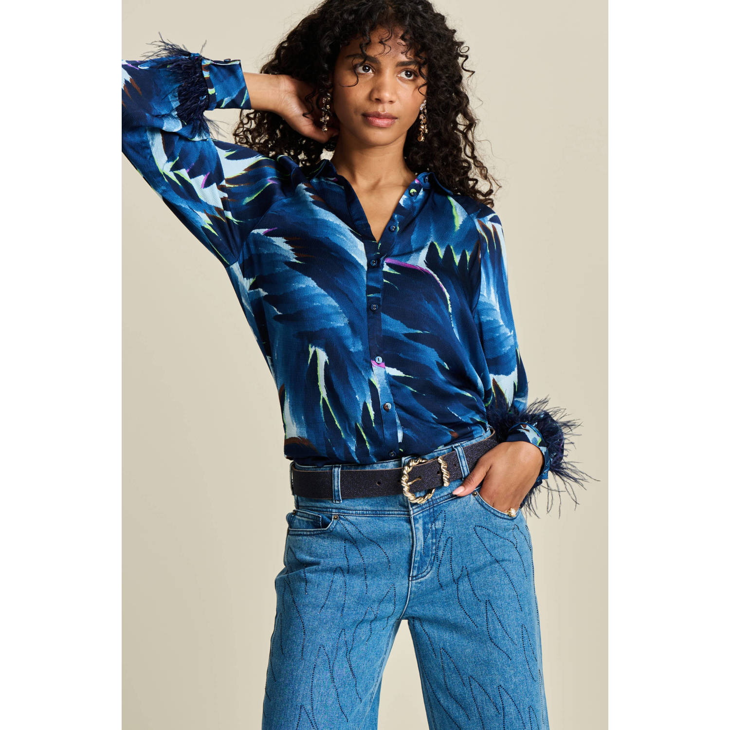 POM Amsterdam blouse met all over print blauw donkerblauw wit