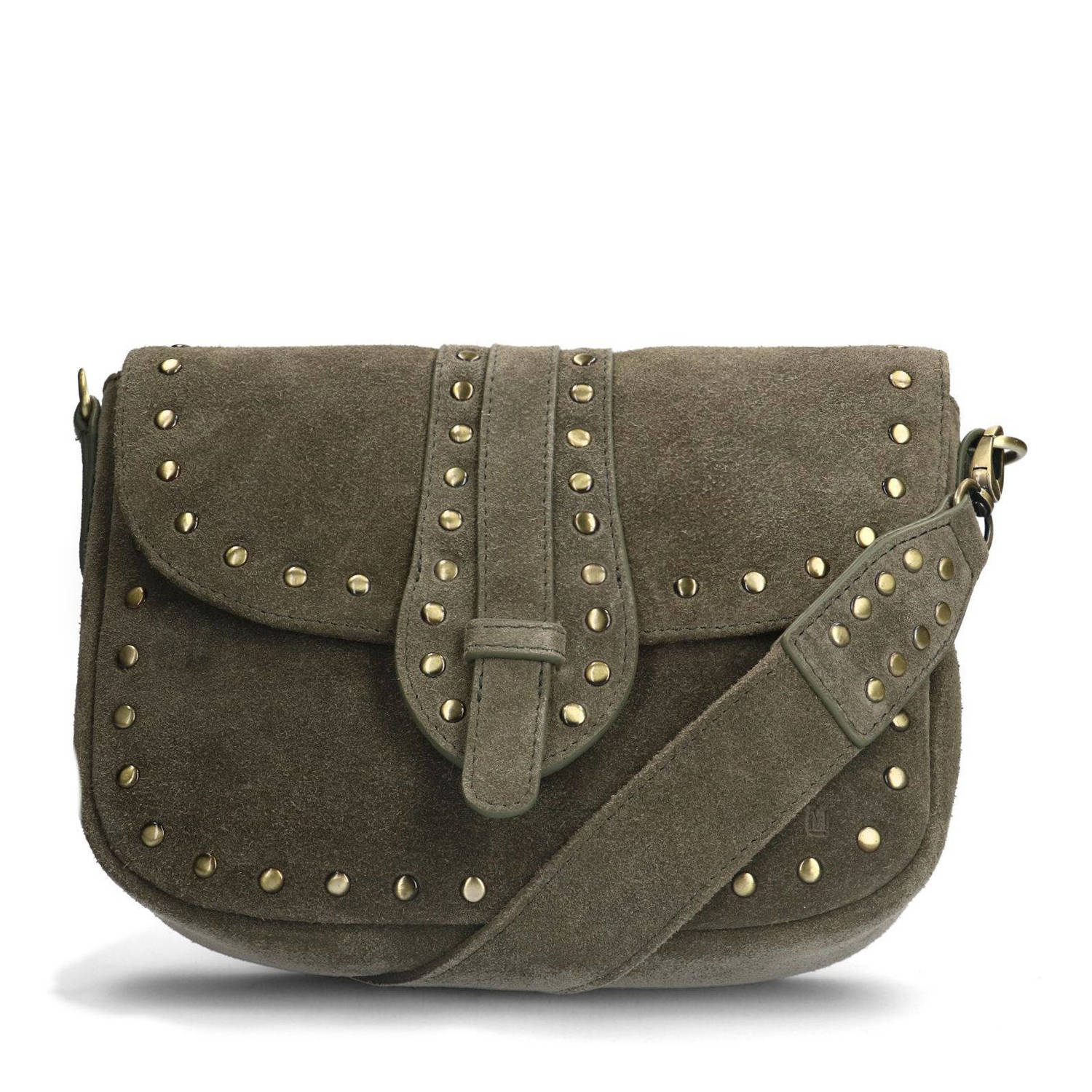 Manfield suede crossbody tas met studs kaki