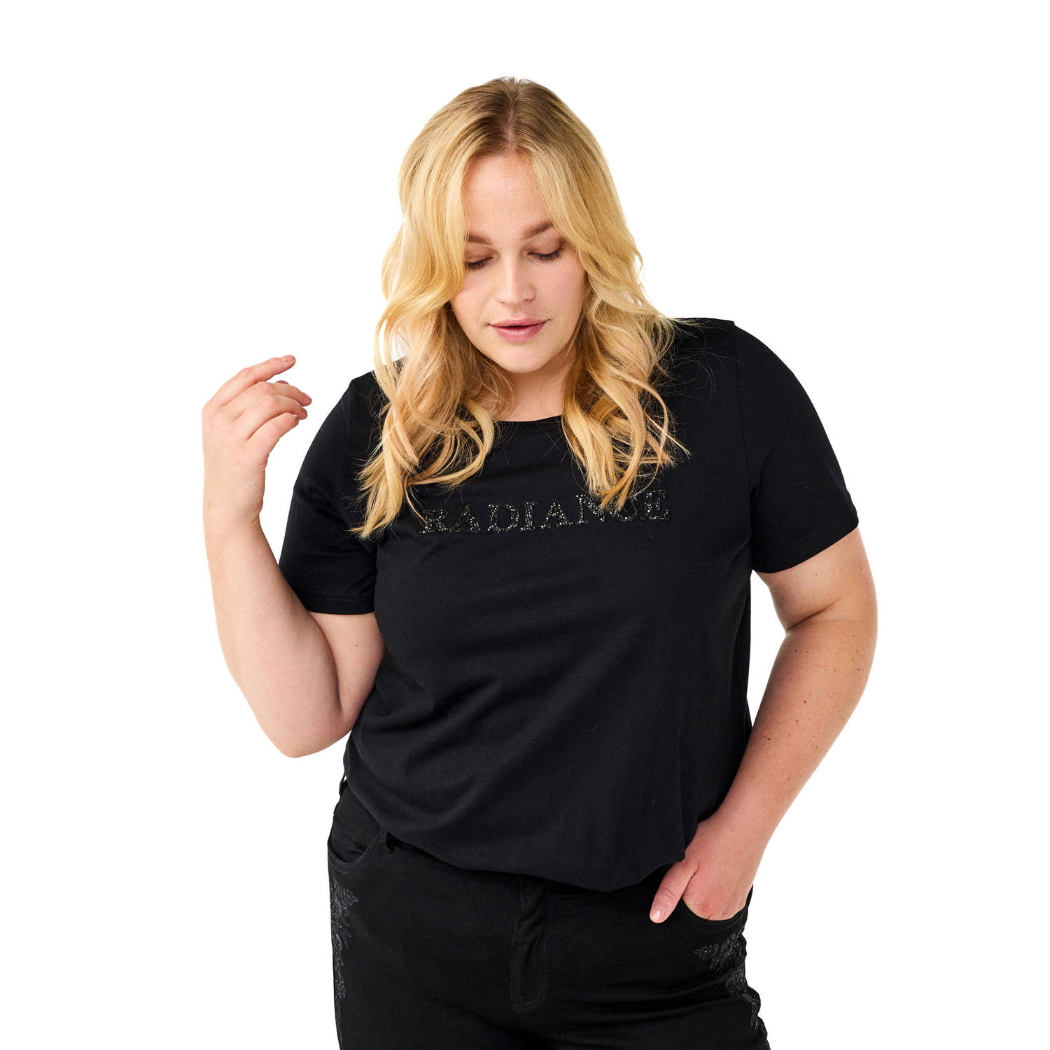 Zizzi T-shirt met tekst zwart