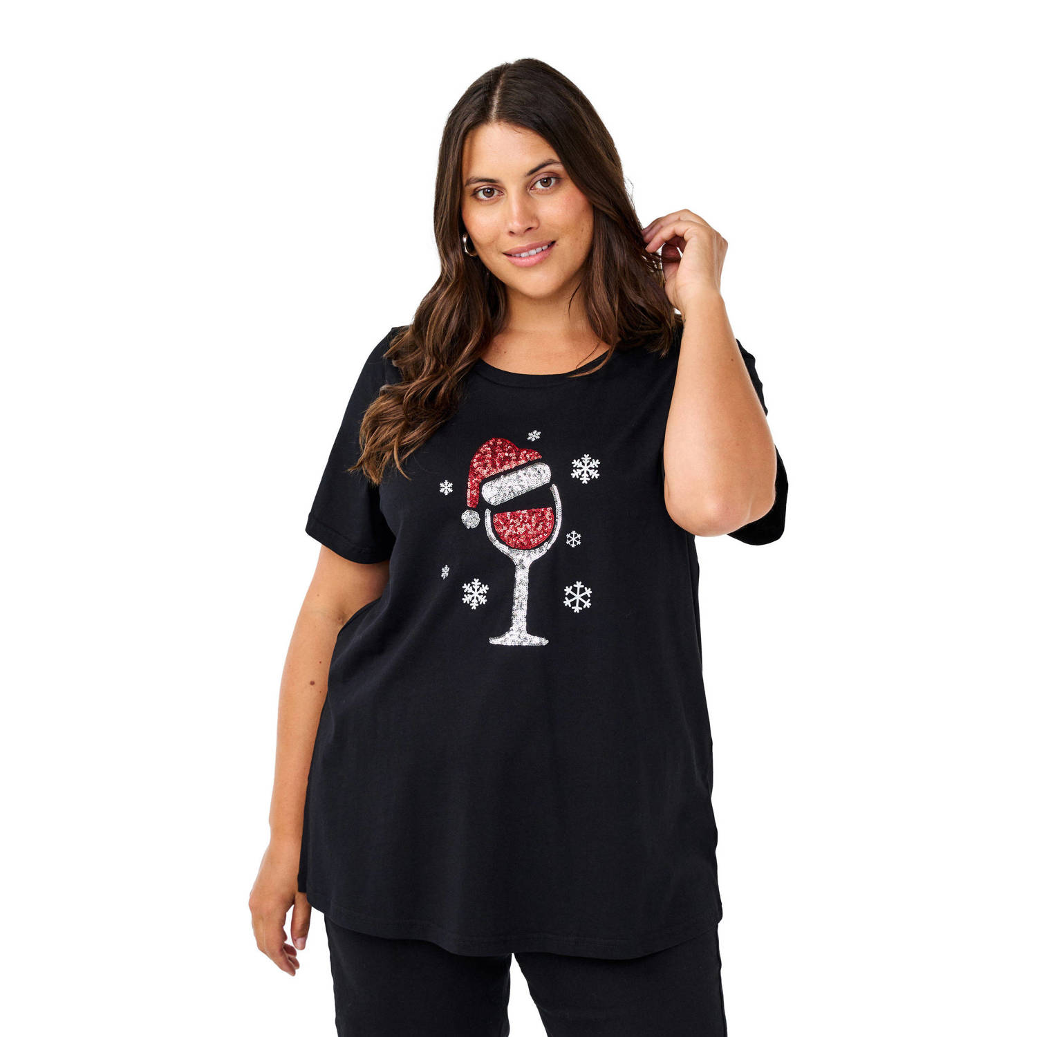 Zizzi jersey T-shirt met printopdruk en pailletten zwart