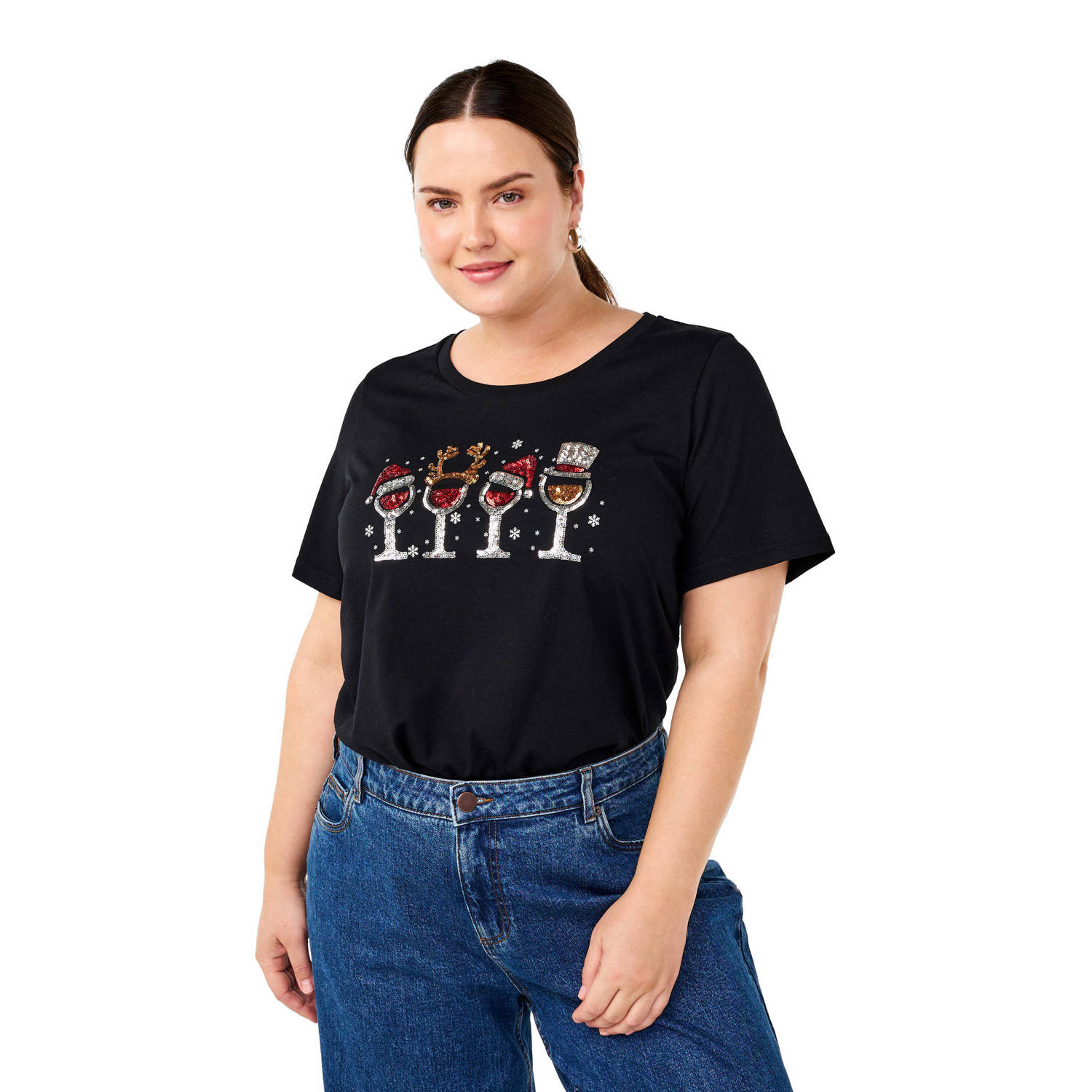 Zizzi jersey T-shirt met printopdruk en pailletten zwart