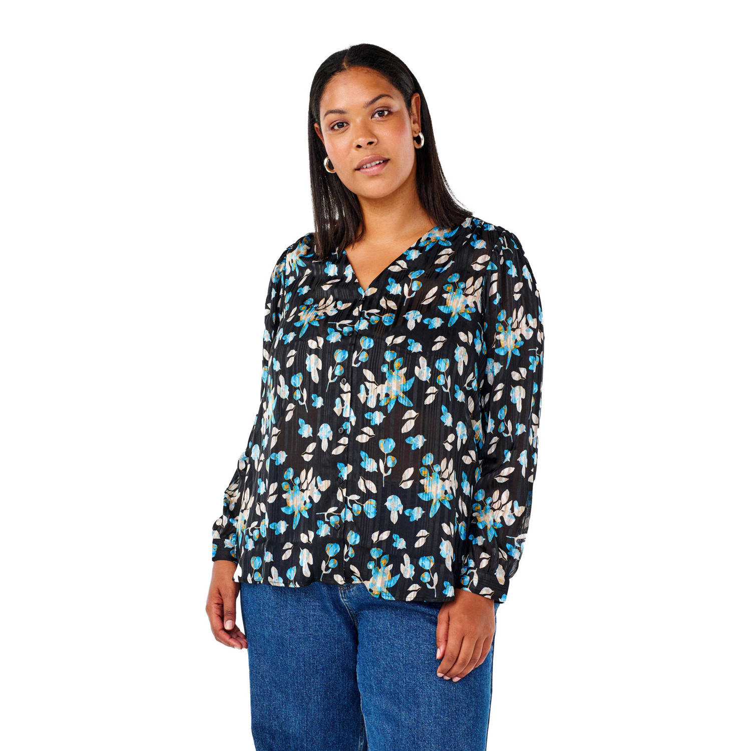 Zizzi blouse met all over print zwart blauw beige