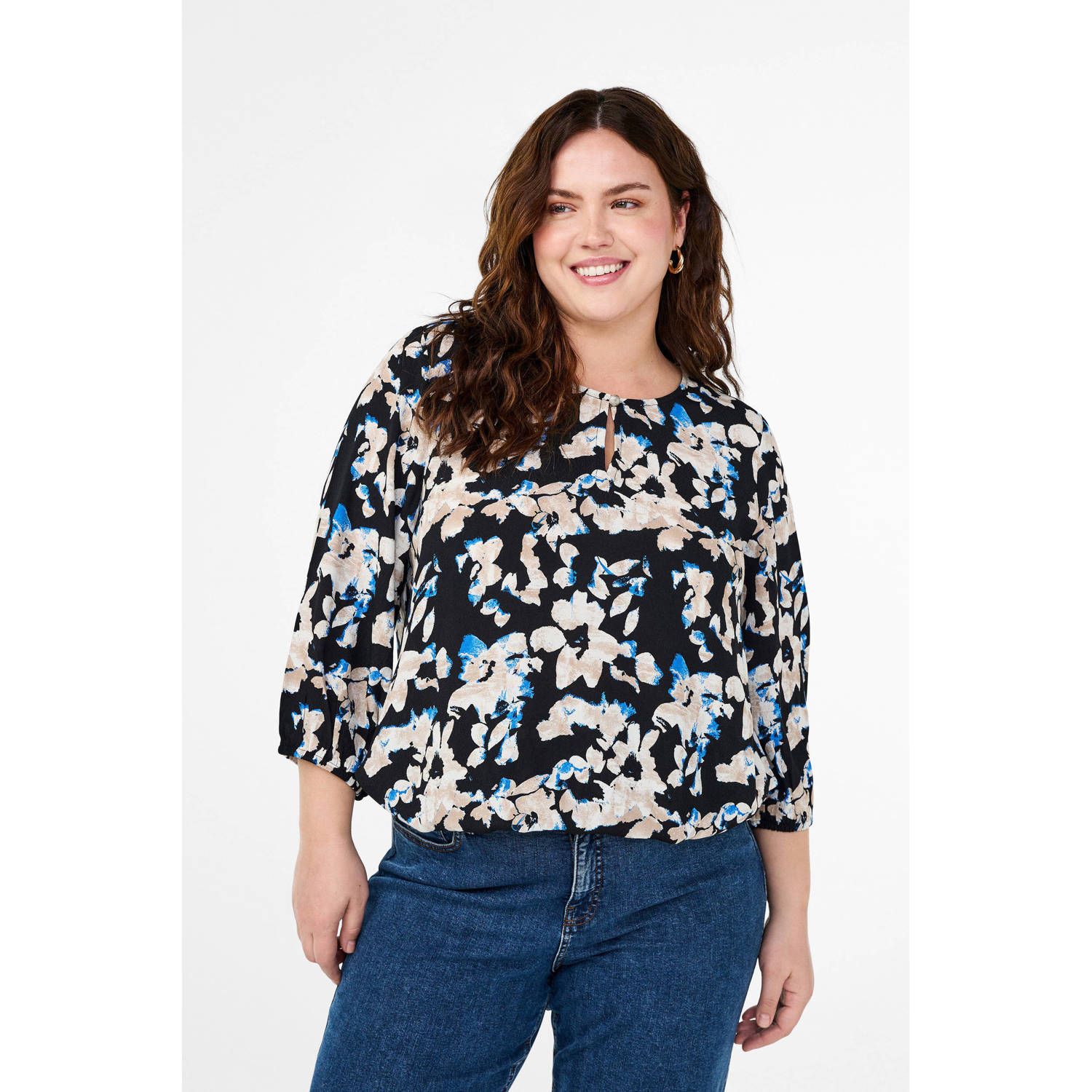Zizzi top met all overprint zwart ecru blauw