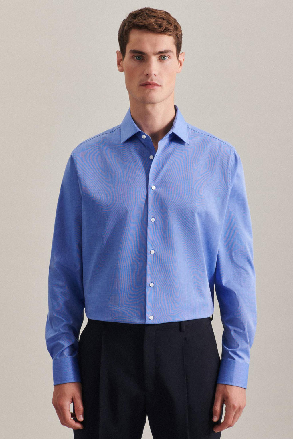 Seidensticker gemêleerd slim fit overhemd blauw