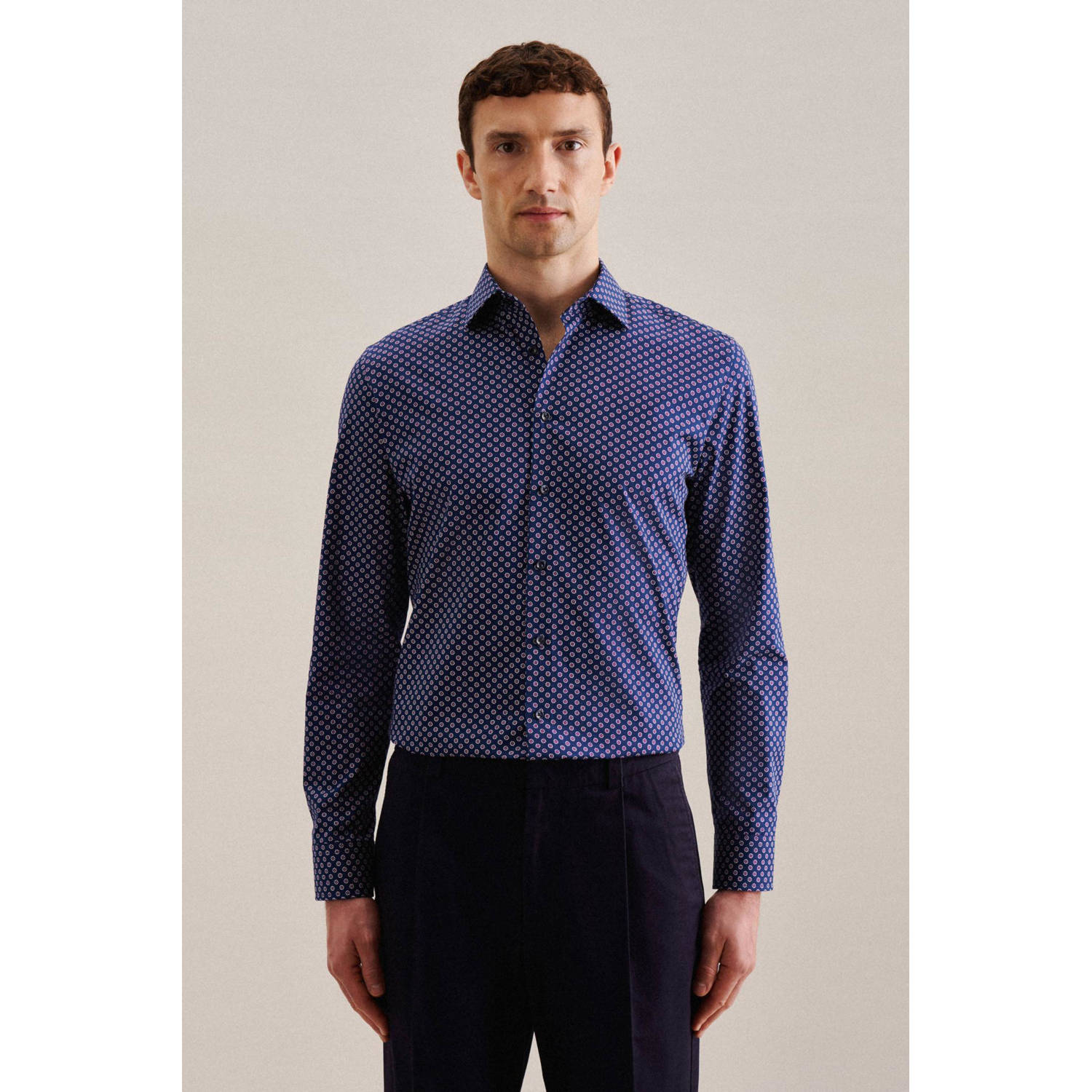 Seidensticker slim fit overhemd met all over print middelmatig blauw