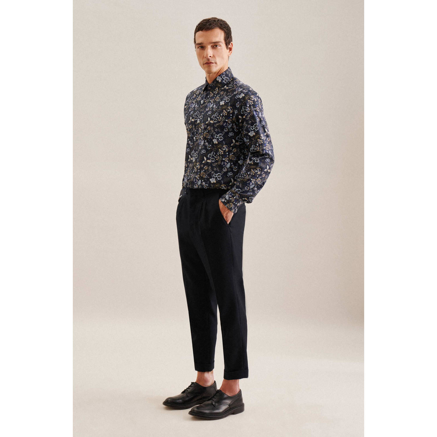 Seidensticker regular fit overhemd met all over print donkerblauw