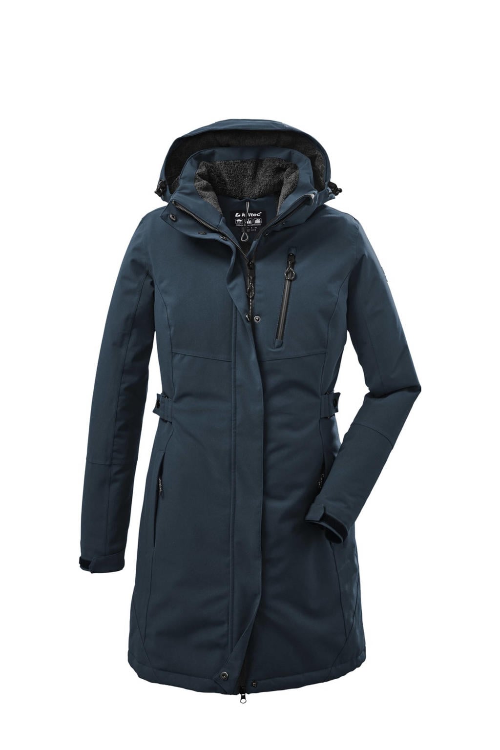 Petrolkleurige dames Killtec parka van polyester met effen, lange mouwen, capuchon en 2-way rits