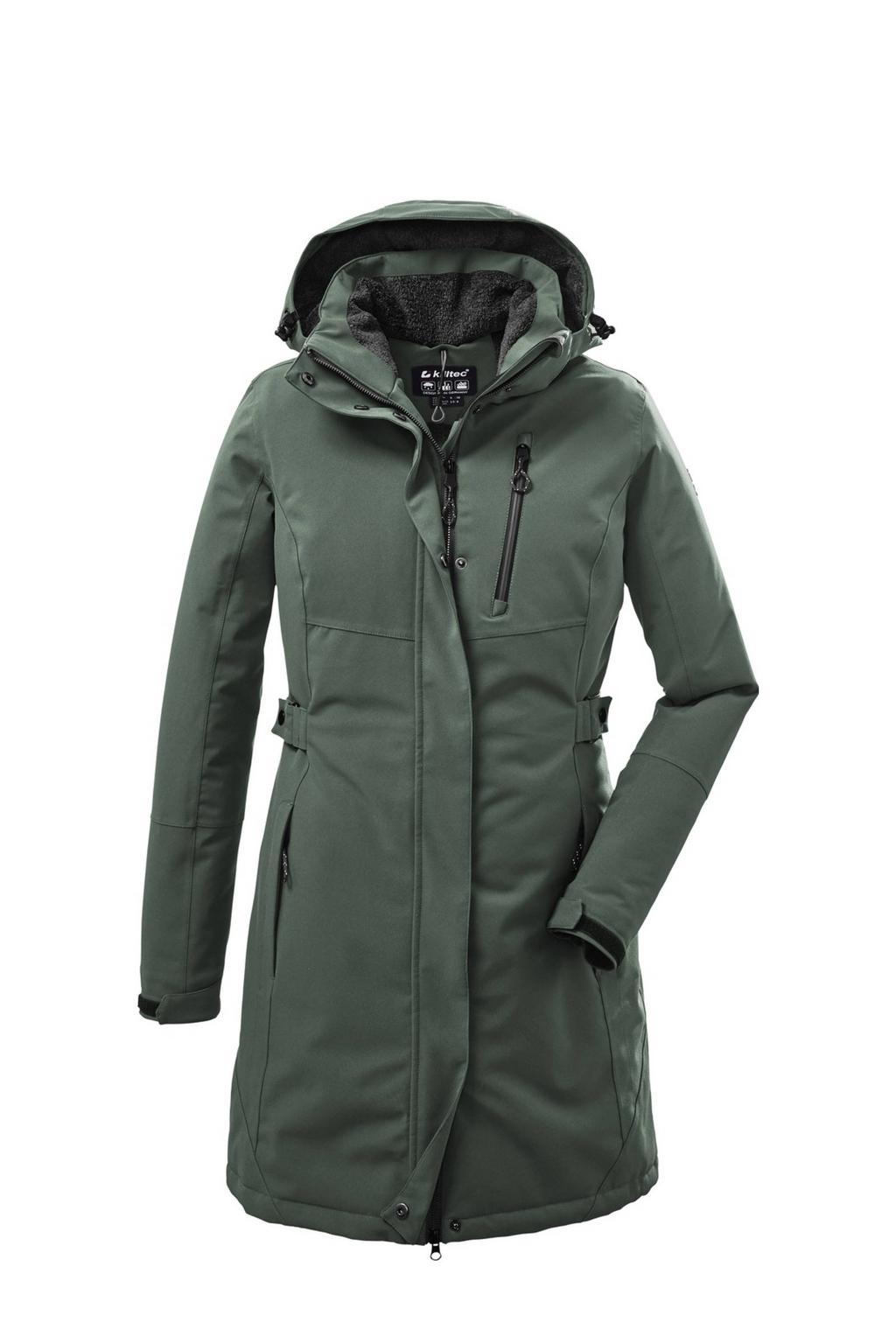 Olijfgroene dames Killtec parka van polyester met effen, lange mouwen, capuchon en 2-way rits met windvanger
