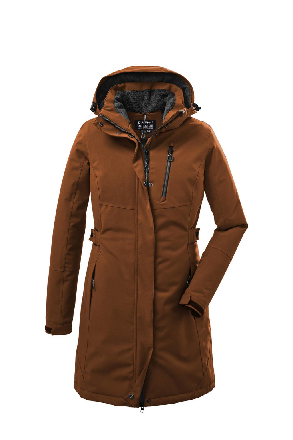 Bruine dames Killtec parka van polyester met lange mouwen, capuchon en 2-way rits