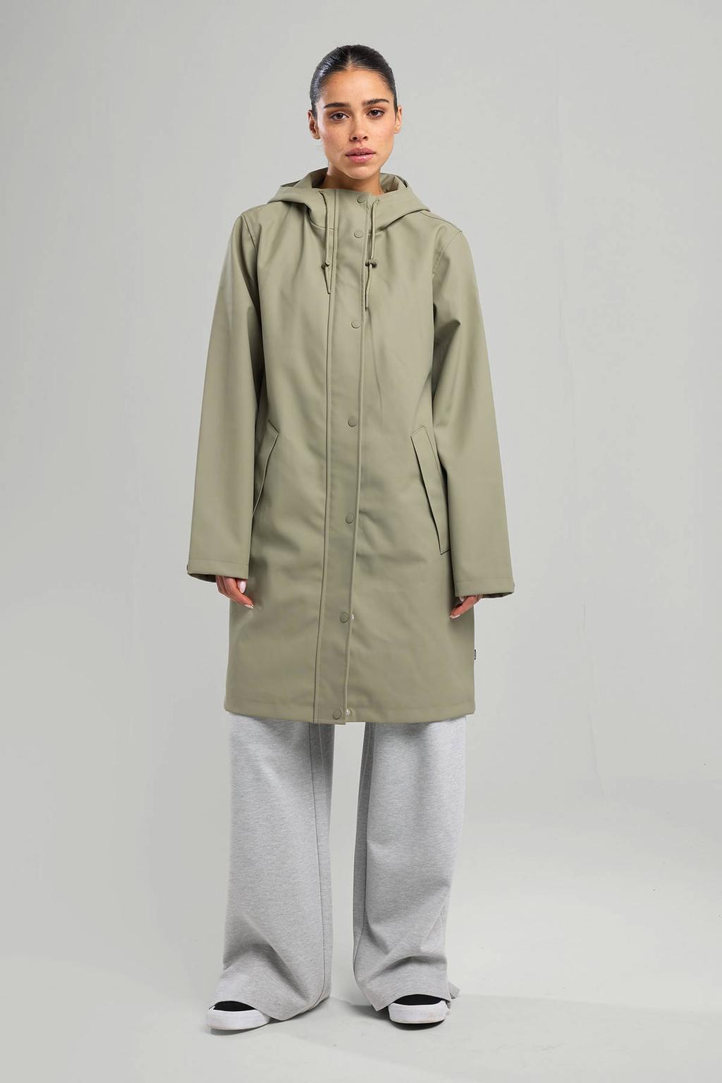 Lichtkaki dames America Today regenjas van polyester met effen, lange mouwen, capuchon en 2-way rits