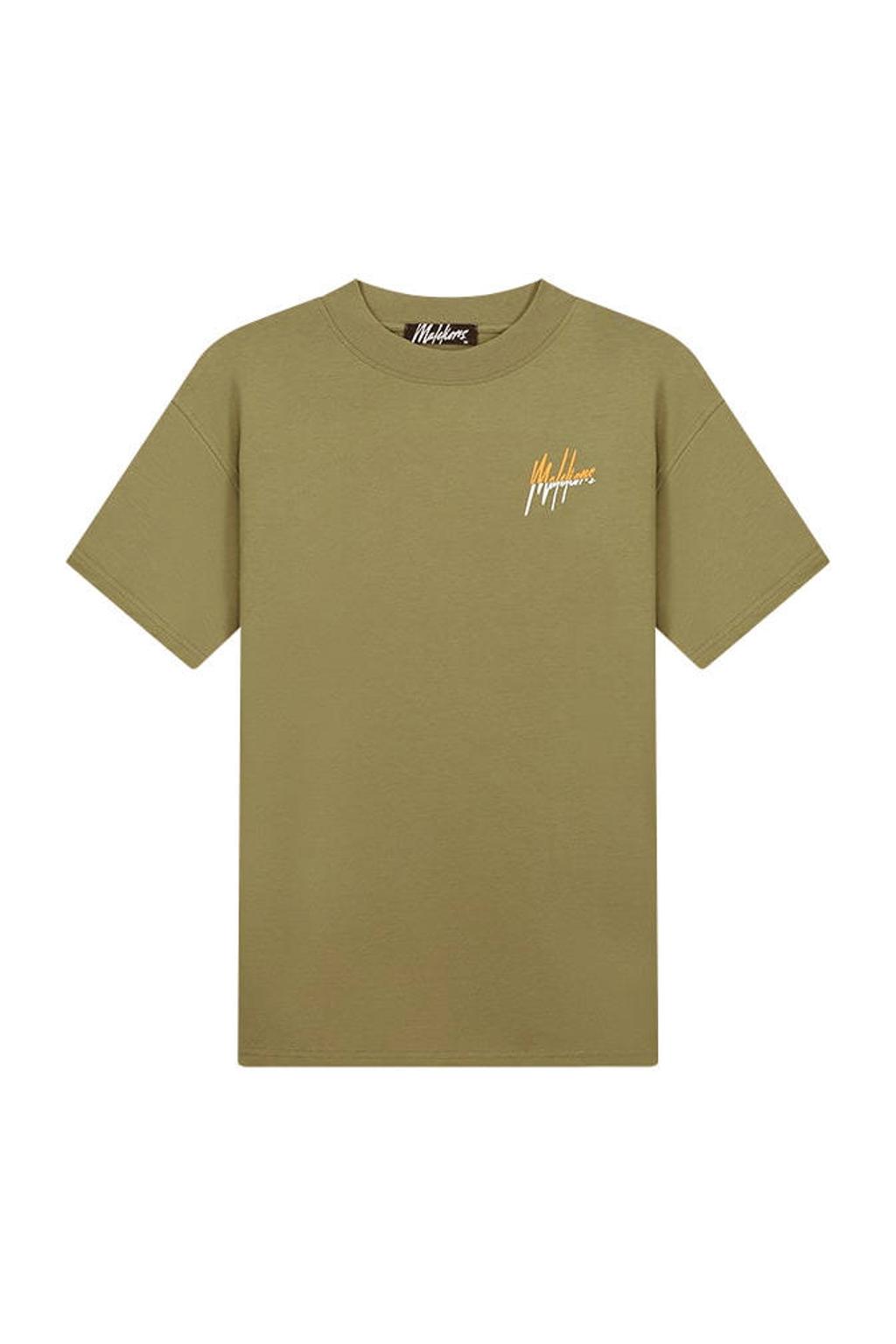 Groene heren Malelions T-shirt army orange van katoen met backprint, korte mouwen en ronde hals