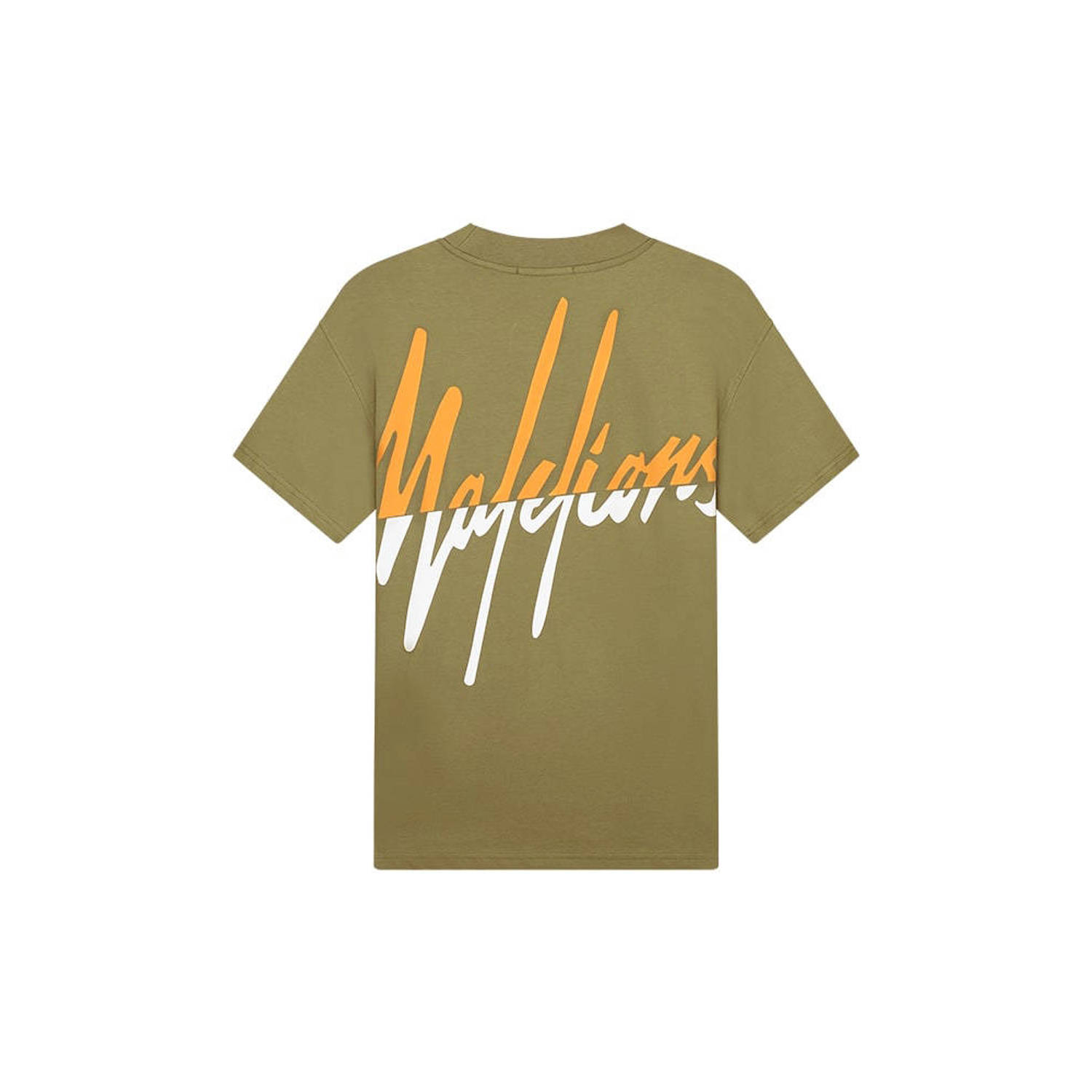 Malelions T-shirt met backprint army orange