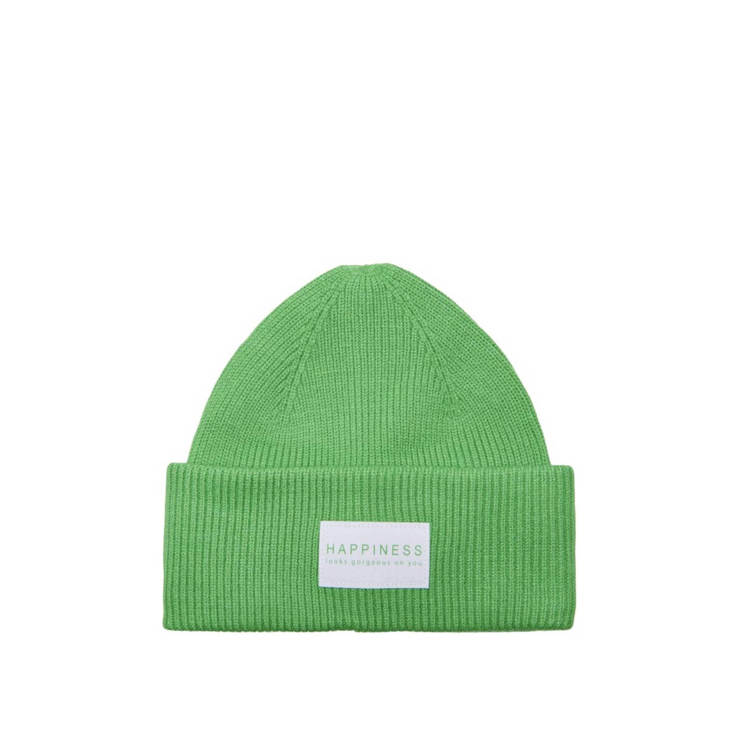 Only Eiland Groene Rib Beanie met Life Patch Green Dames