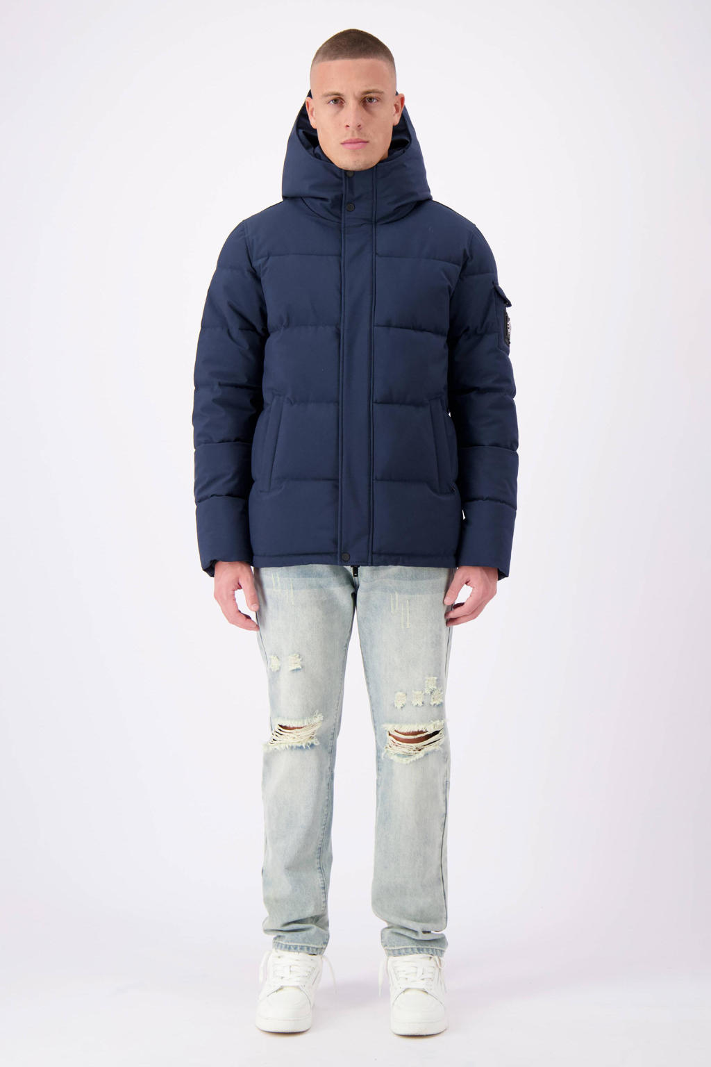 Donkerblauwe heren BLACK BANANAS gewatteerde winterjas van polyester met effen, lange mouwen, capuchon en rits met windvanger