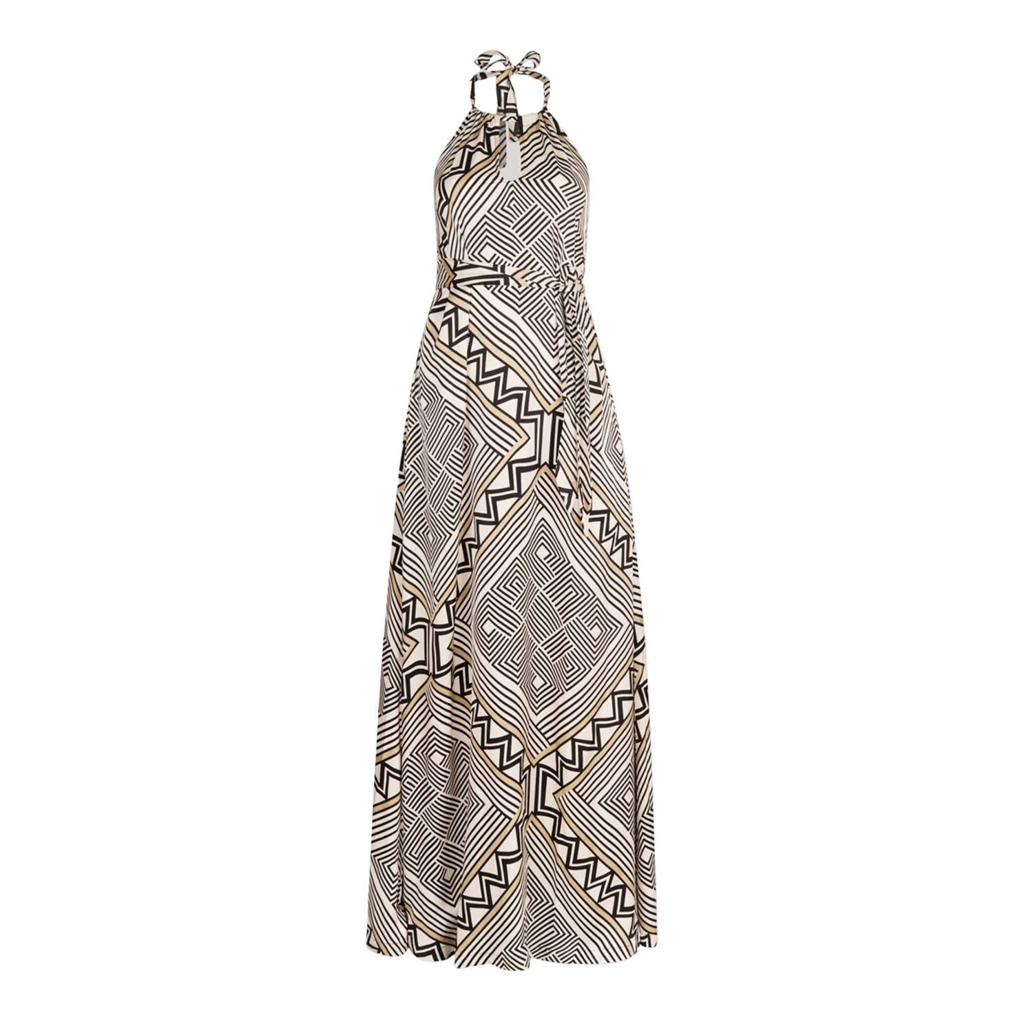 Shoeby halter maxi A-lijn jurk met all over print met open rug ecru beige zwart