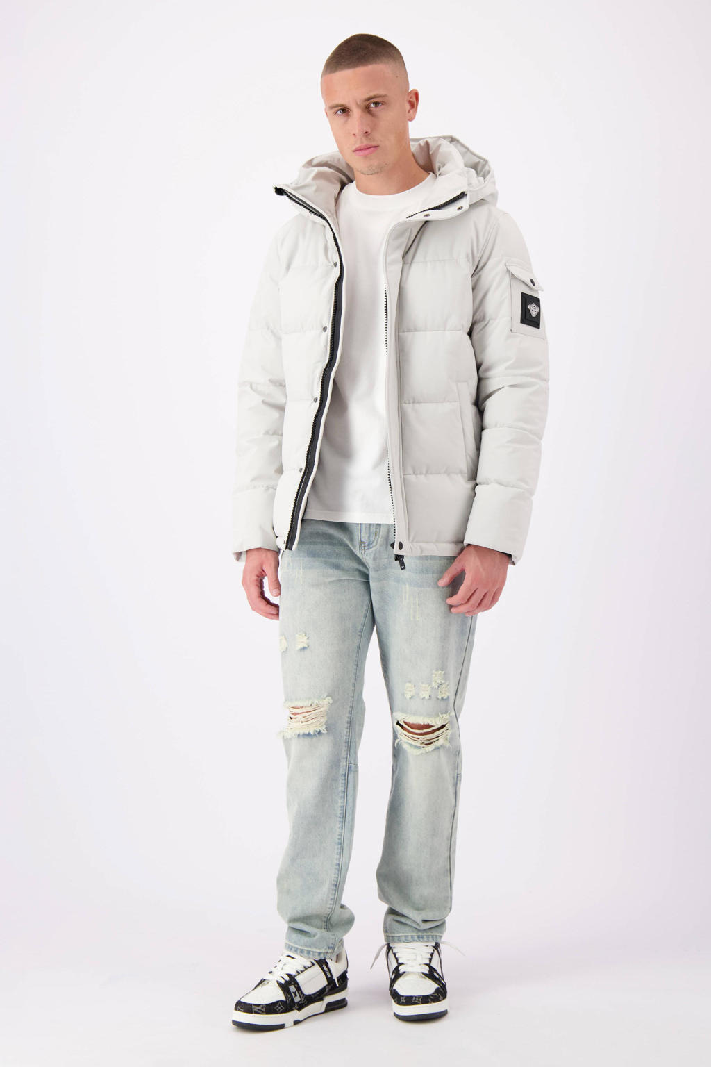 Grijze heren BLACK BANANAS gewatteerde winterjas van polyester met effen, lange mouwen, capuchon en rits met windvanger