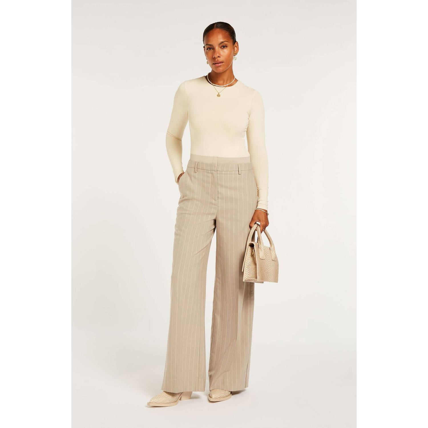 JOSH V gestreepte high waist wide leg broek Nina beige