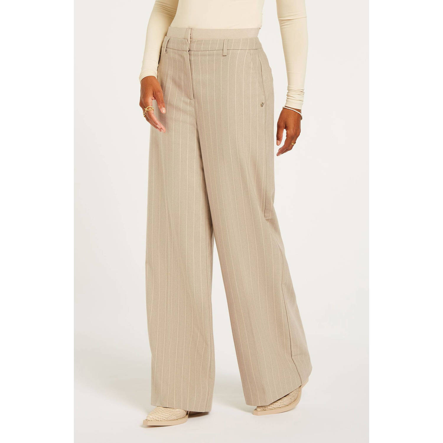 JOSH V gestreepte high waist wide leg broek Nina beige