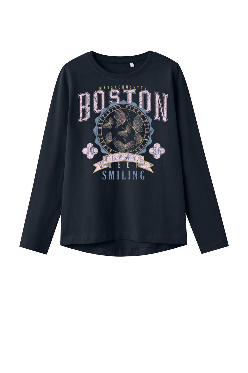 Donkerblauwe meisjes NAME IT KIDS longsleeve van stretchkatoen met printopdruk, lange mouwen en ronde hals