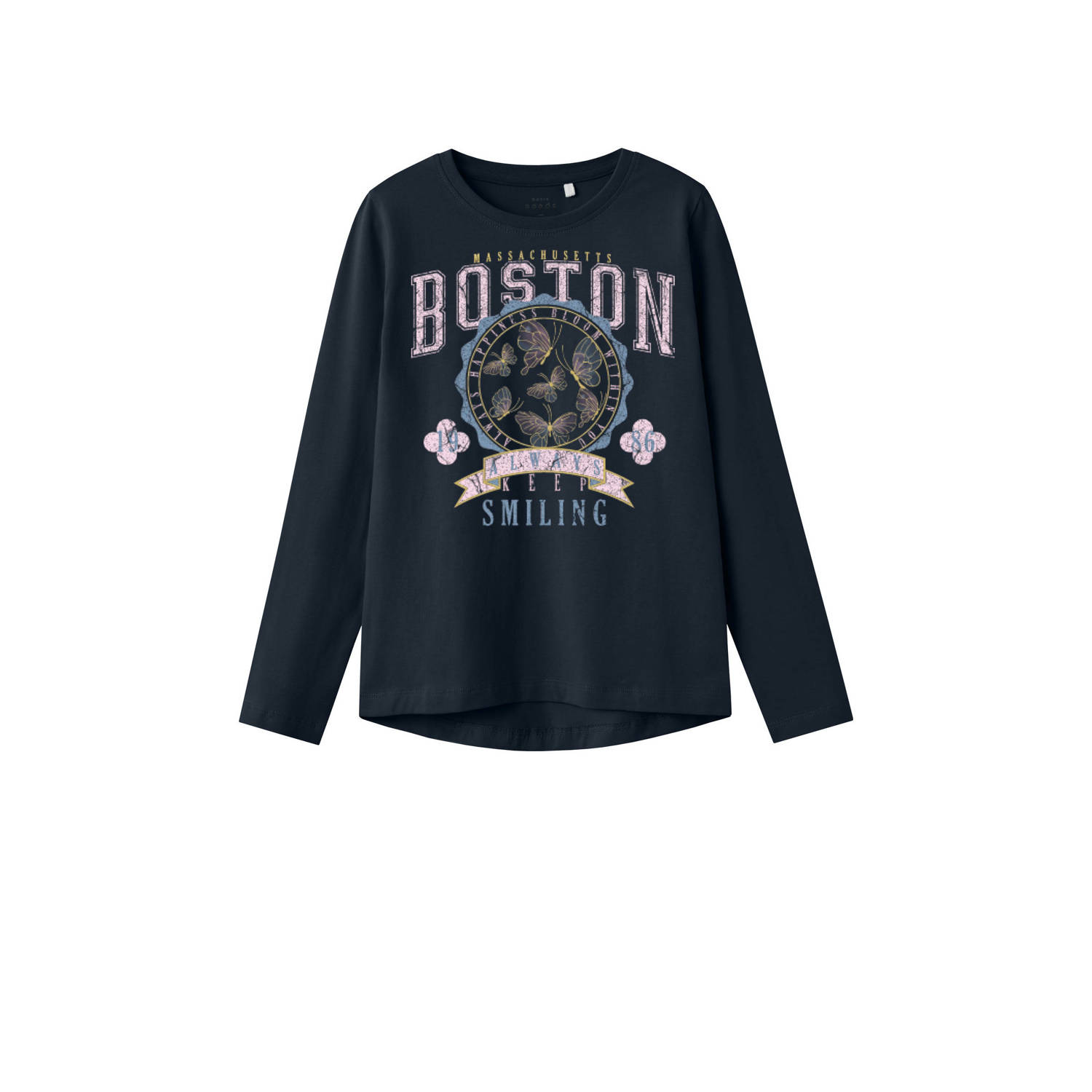 Name it KIDS longsleeve NKFVIX met printopdruk donkerblauw Meisjes Stretchkatoen Ronde hals 122 128