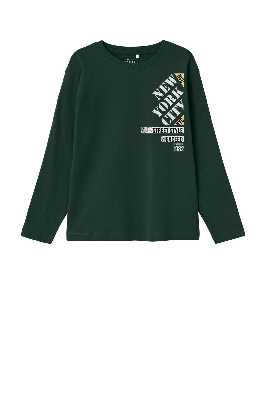 Groene jongens NAME IT KIDS longsleeve van katoen met printopdruk, lange mouwen en ronde hals