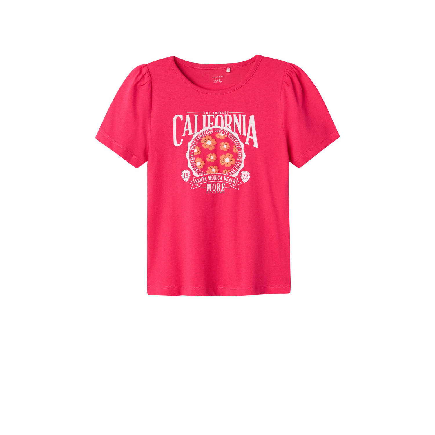 Name it KIDS T-shirt NKFKIAMI met printopdruk fuchsia Roze Meisjes Katoen Ronde hals 122 128