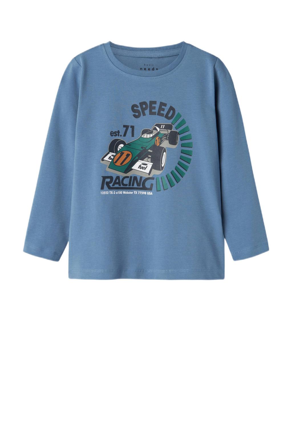 Blauwe jongens NAME IT MINI longsleeve van stretchkatoen met printopdruk, lange mouwen en ronde hals