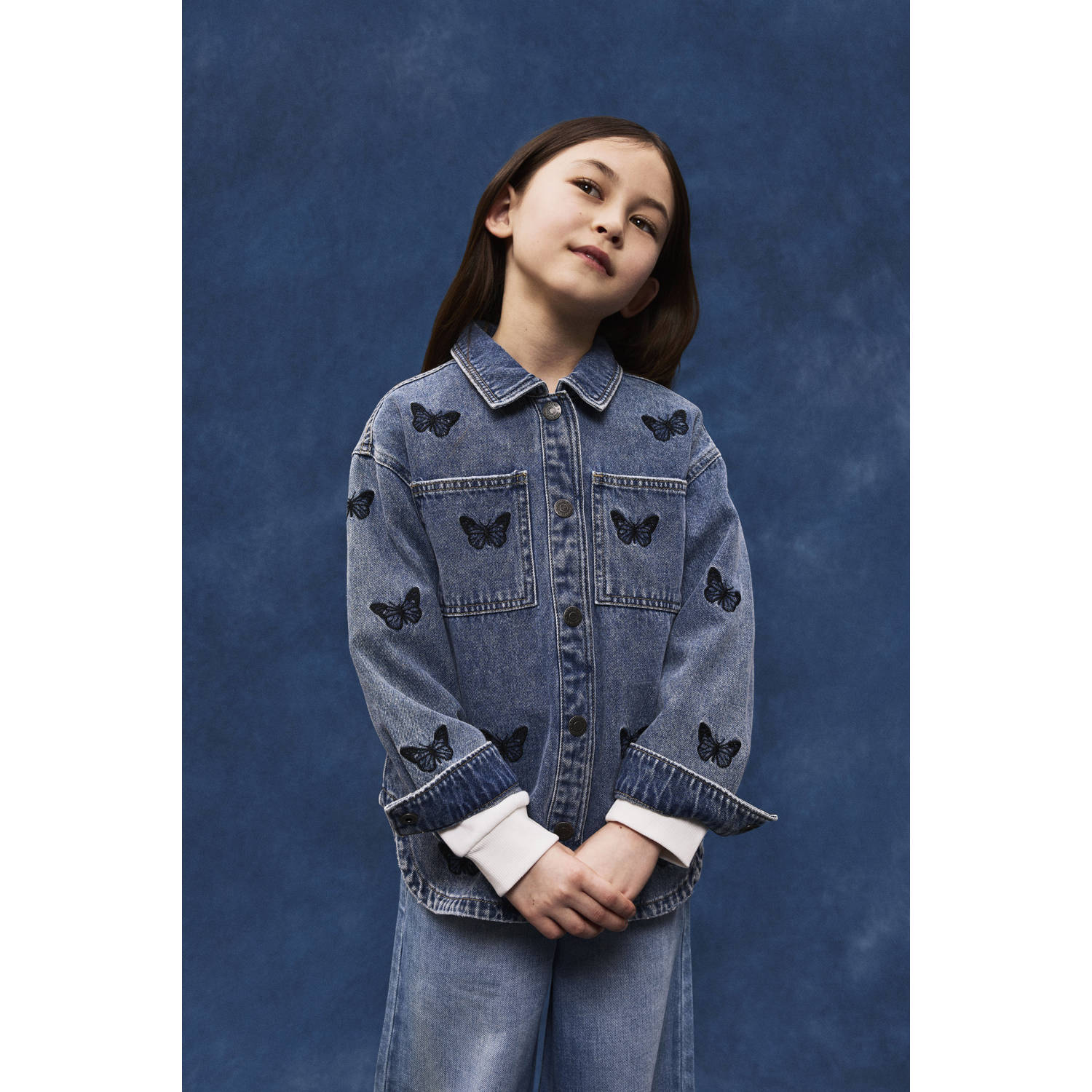 Name it KIDS spijkerjas NKFELLY met all over print medium blue denim Blauw Meisjes Stretchdenim Klassieke kraag 140