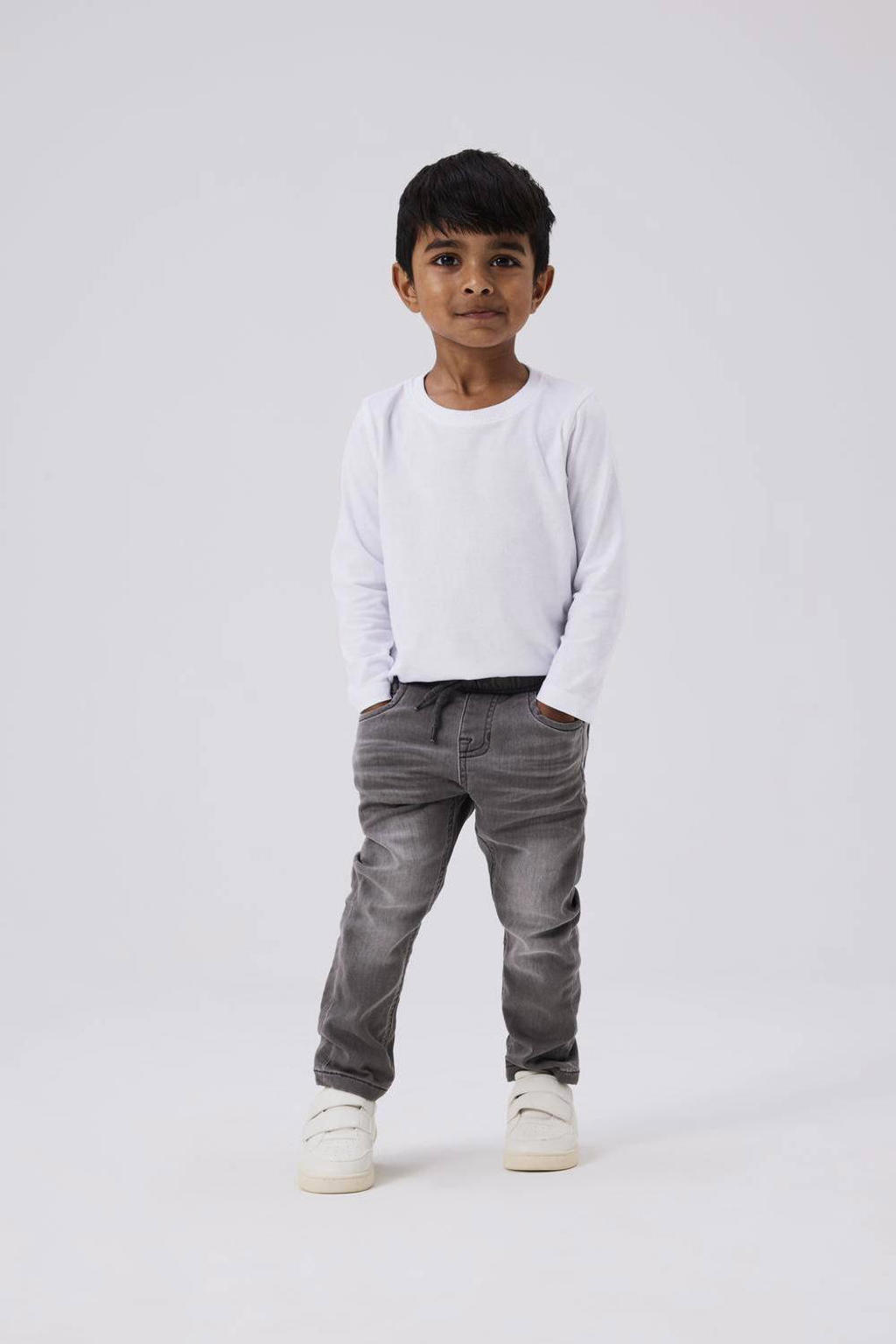 Grijze jongens NAME IT MINI slim fit jeans van stretchkatoen met regular waist en effen