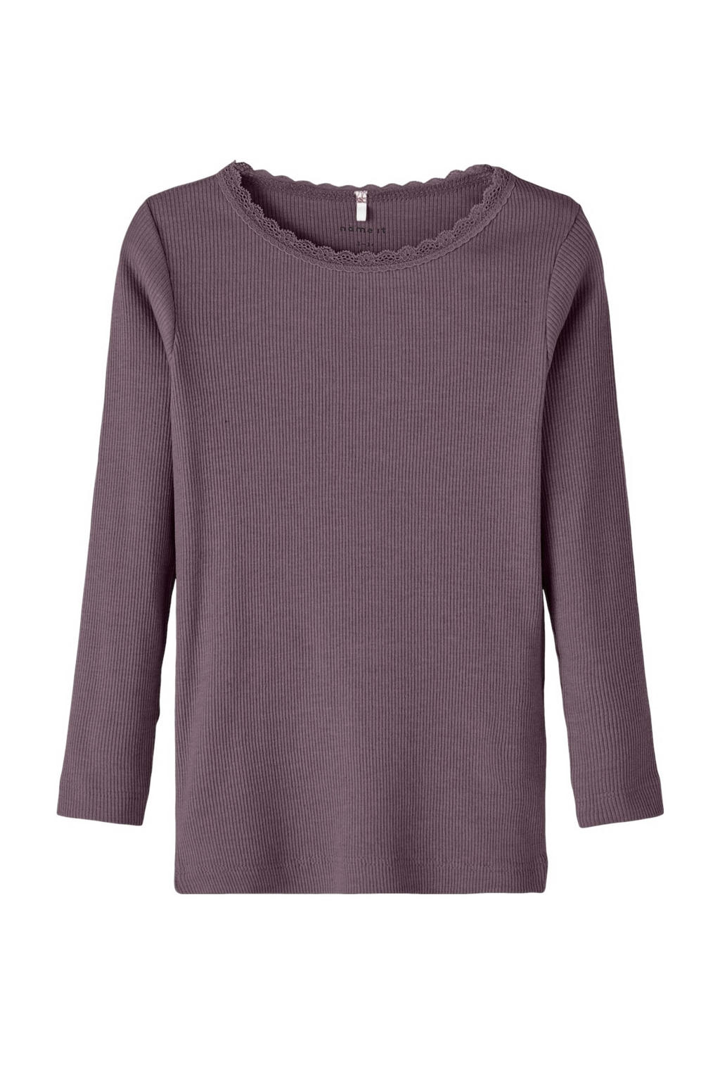 Paarse meisjes NAME IT MINI ribgebreide longsleeve van stretchkatoen met effen, lange mouwen en ronde hals