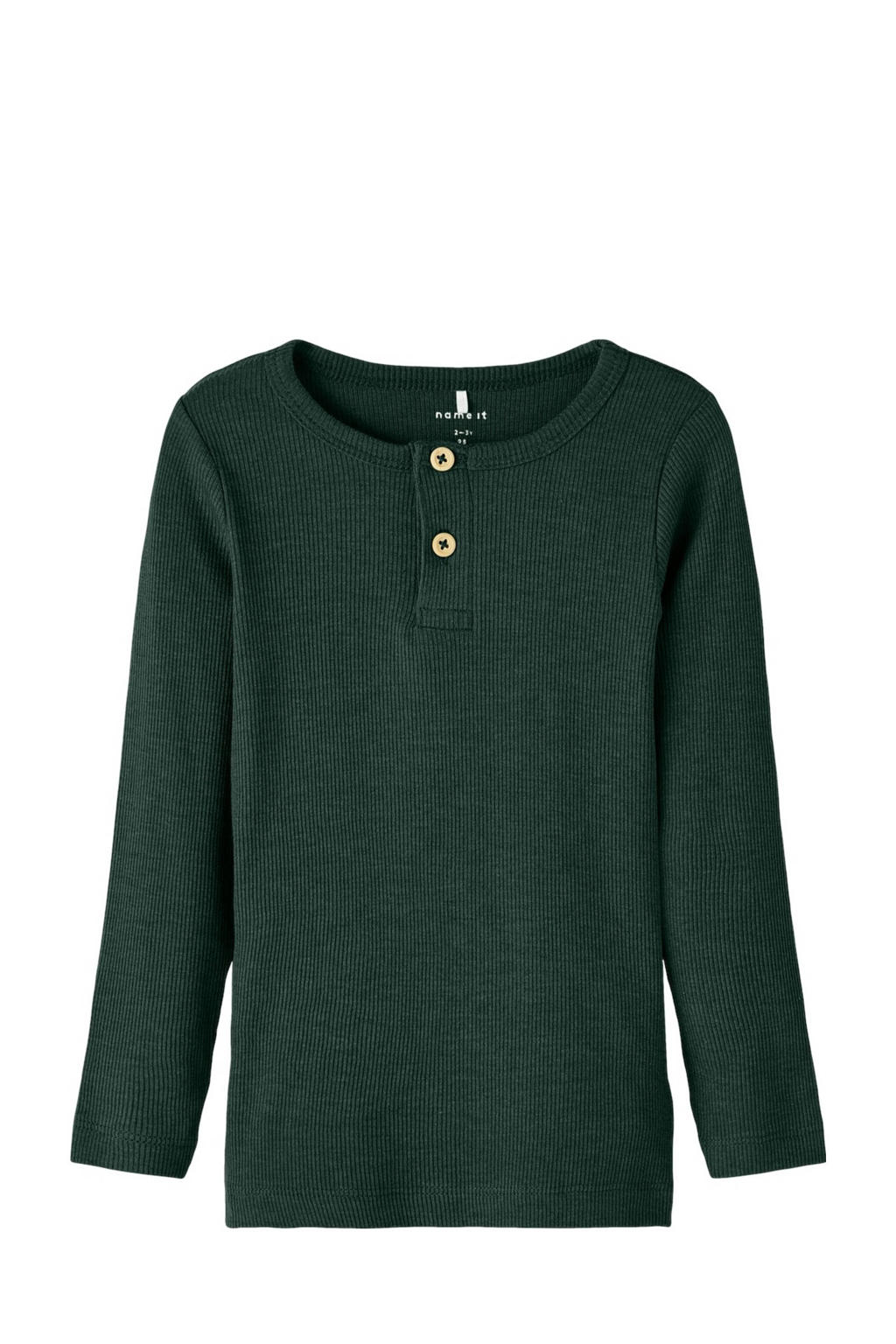 Groene jongens NAME IT MINI longsleeve van stretchkatoen met effen, lange mouwen, ronde hals en sierknopen