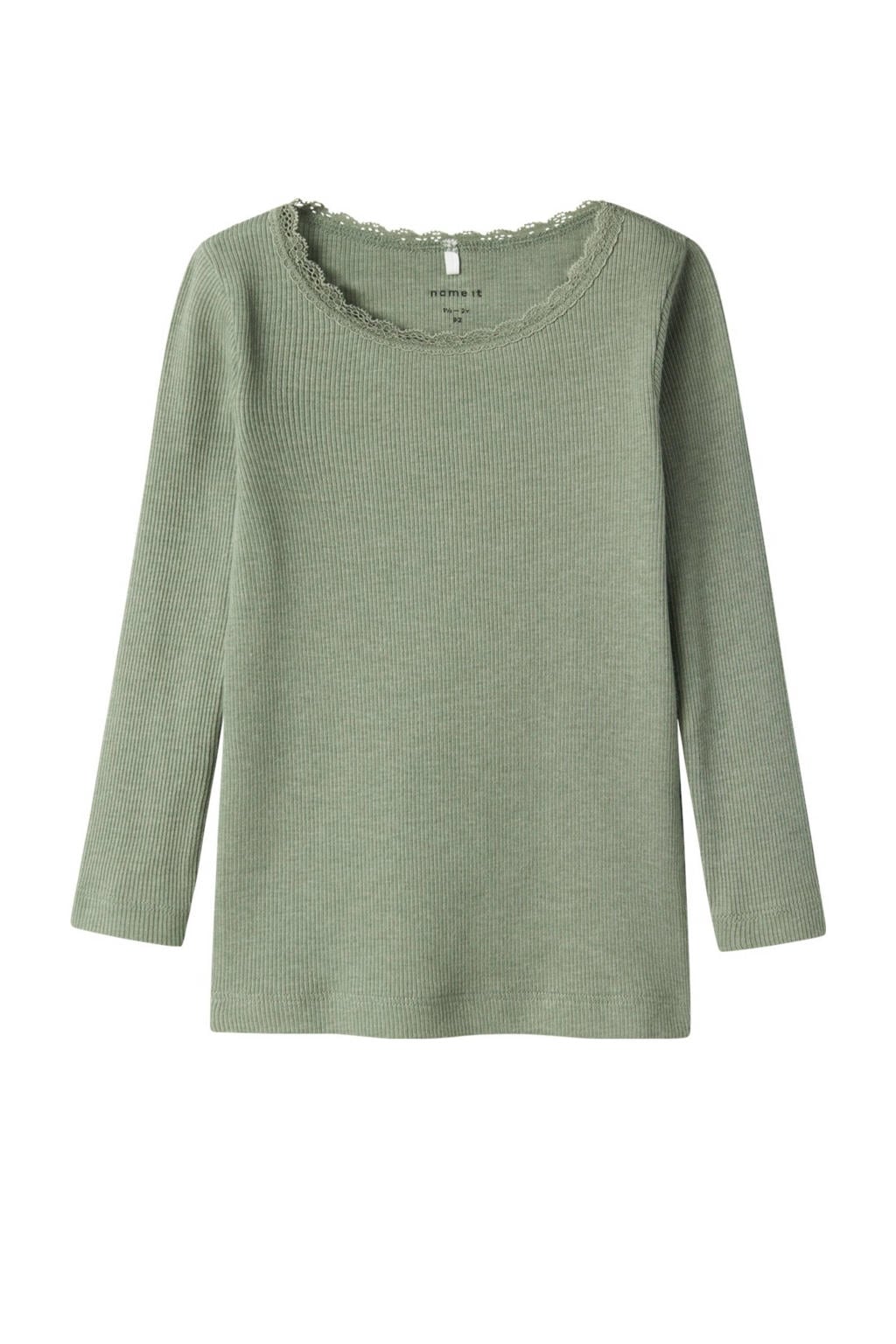 Groene meisjes NAME IT MINI ribgebreide longsleeve van stretchkatoen met melée print, lange mouwen en ronde hals