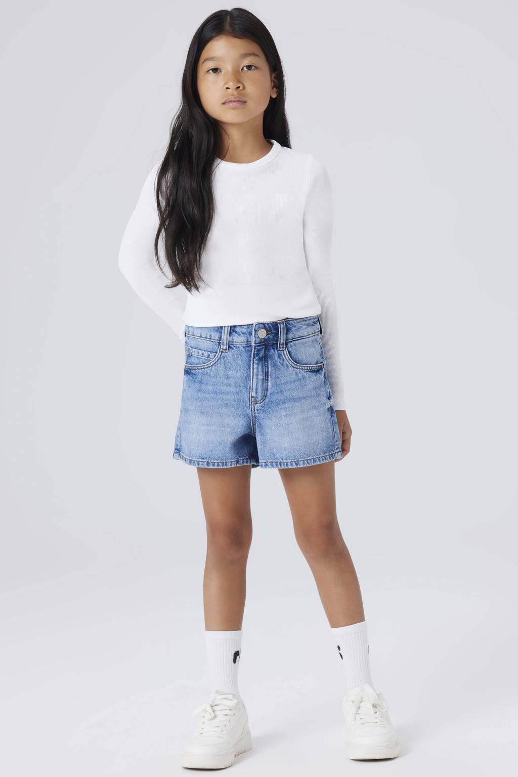 Witte meisjes NAME IT KIDS longsleeve van stretchkatoen met effen, lange mouwen, ronde hals en gebreide details