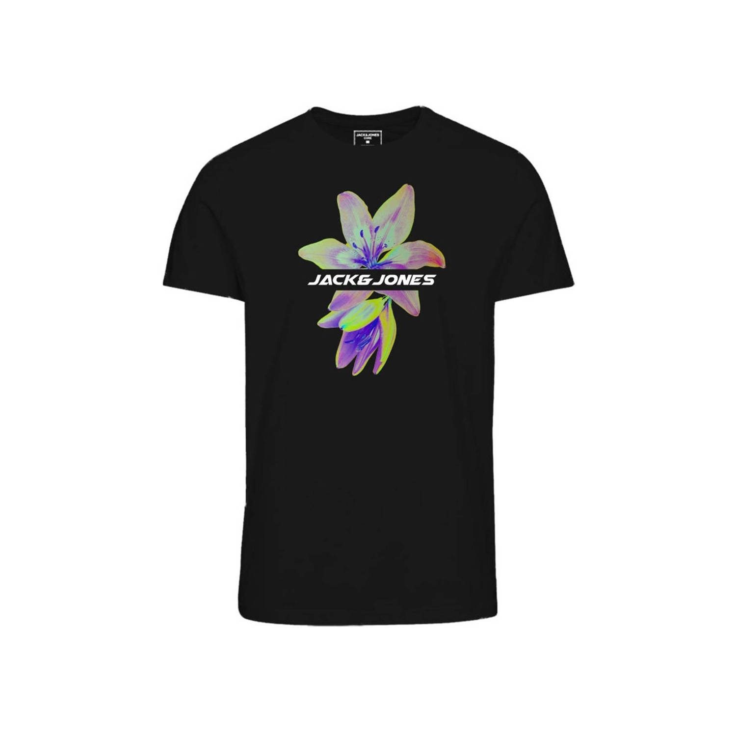 Jack & jones JUNIOR T-shirt JCOFLOWER met printopdruk zwart Jongens Katoen Ronde hals 128