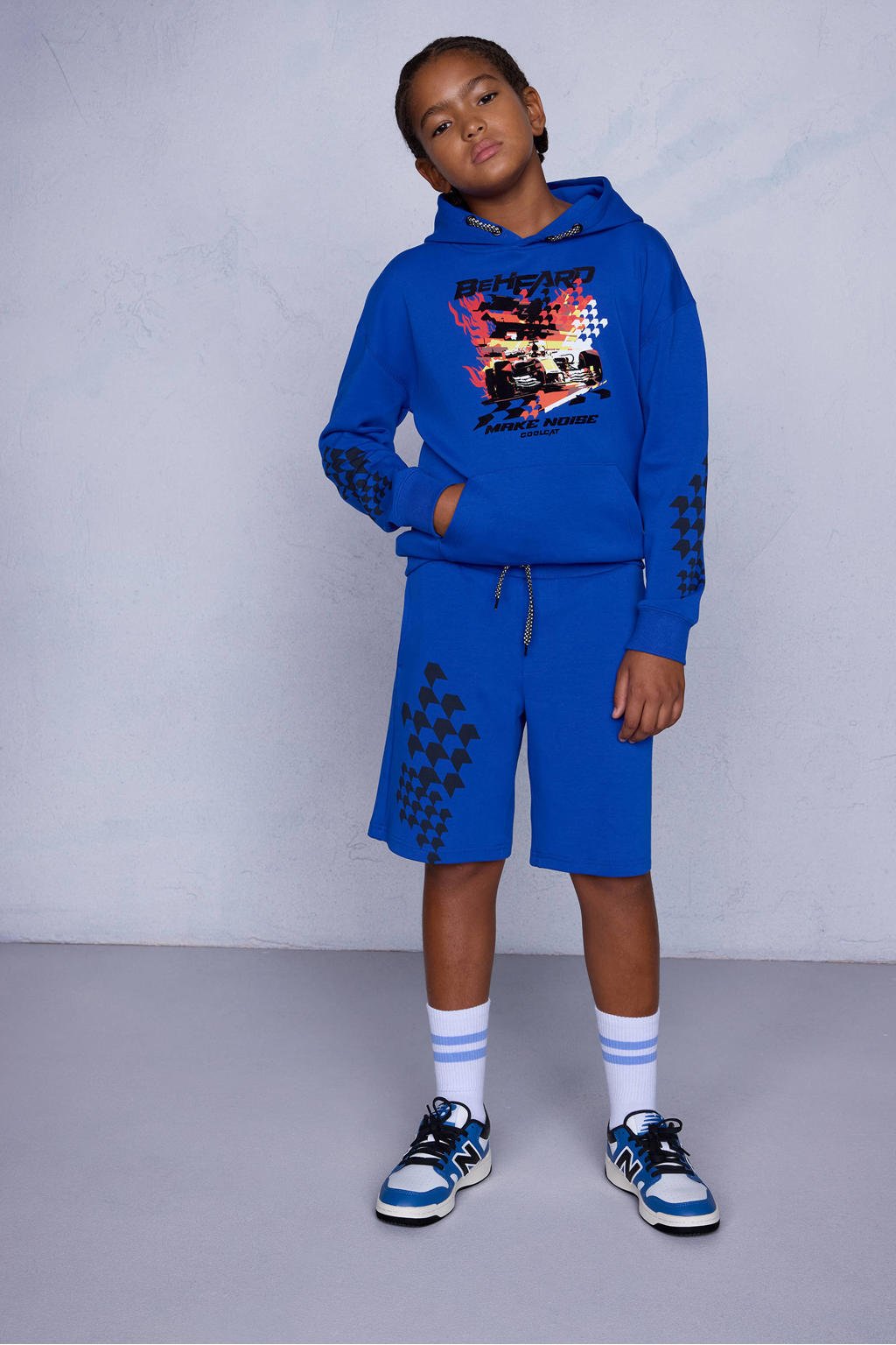 Blauwe jongens Coolcat joggingshort Stephan Blauw van katoen met elastische tailleband met koord en printopdruk