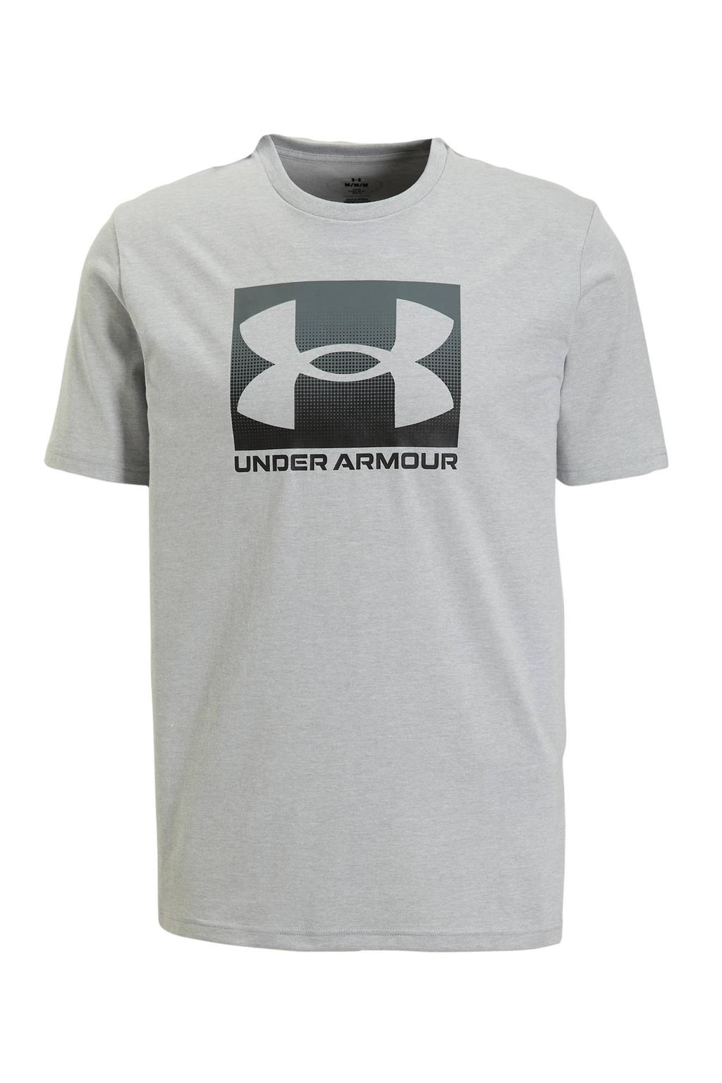 Grijs melange, grijs en zwarte heren Under Armour sportshirt melange van katoen met logo dessin en korte mouwen
