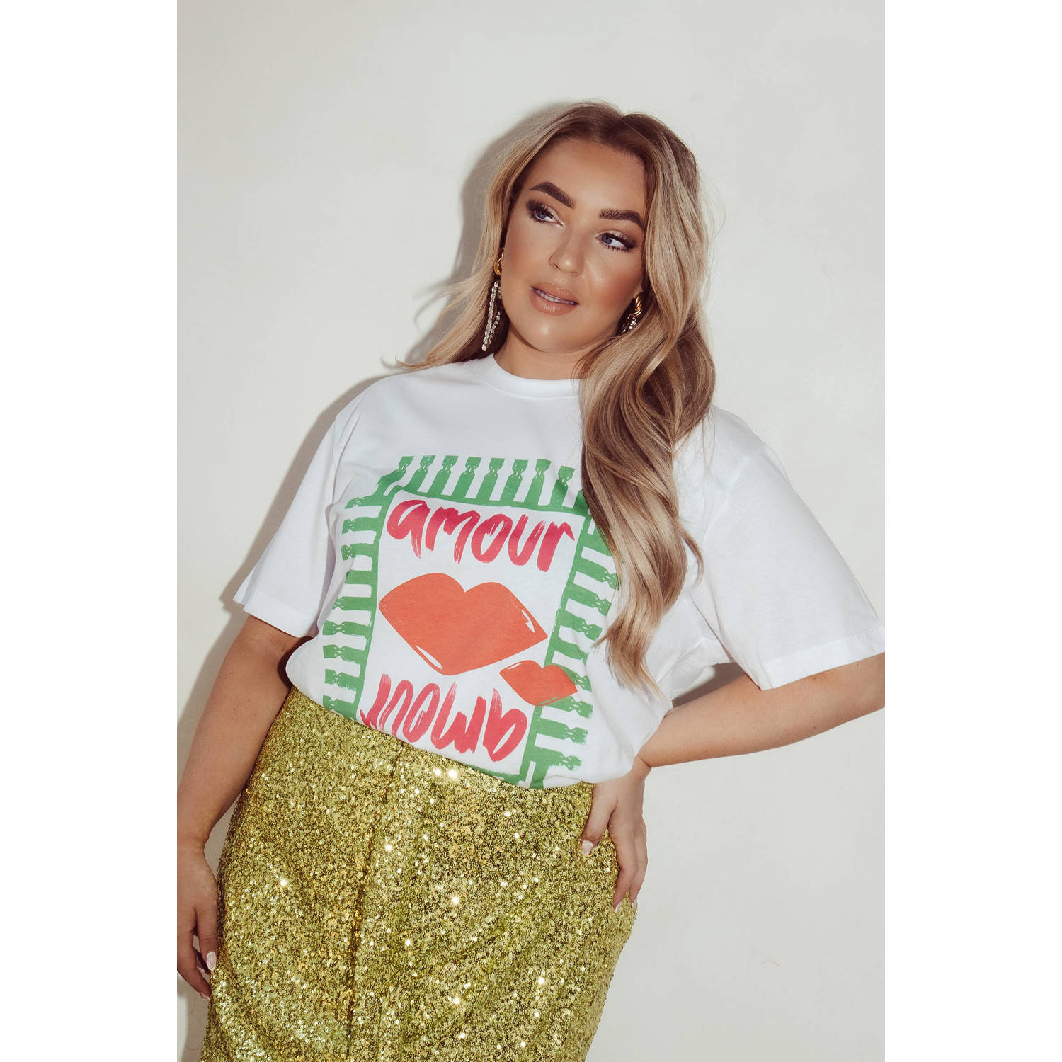 Pinned by K Curve T-shirt Amour met printopdruk wit