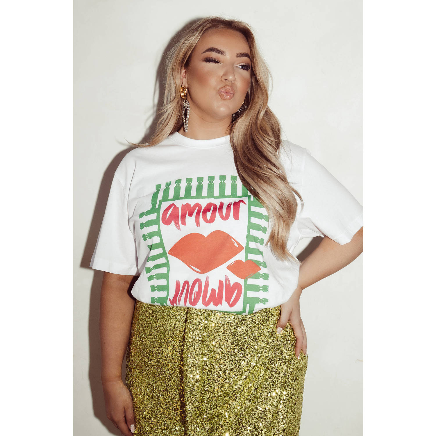 Pinned by K Curve T-shirt Amour met printopdruk wit